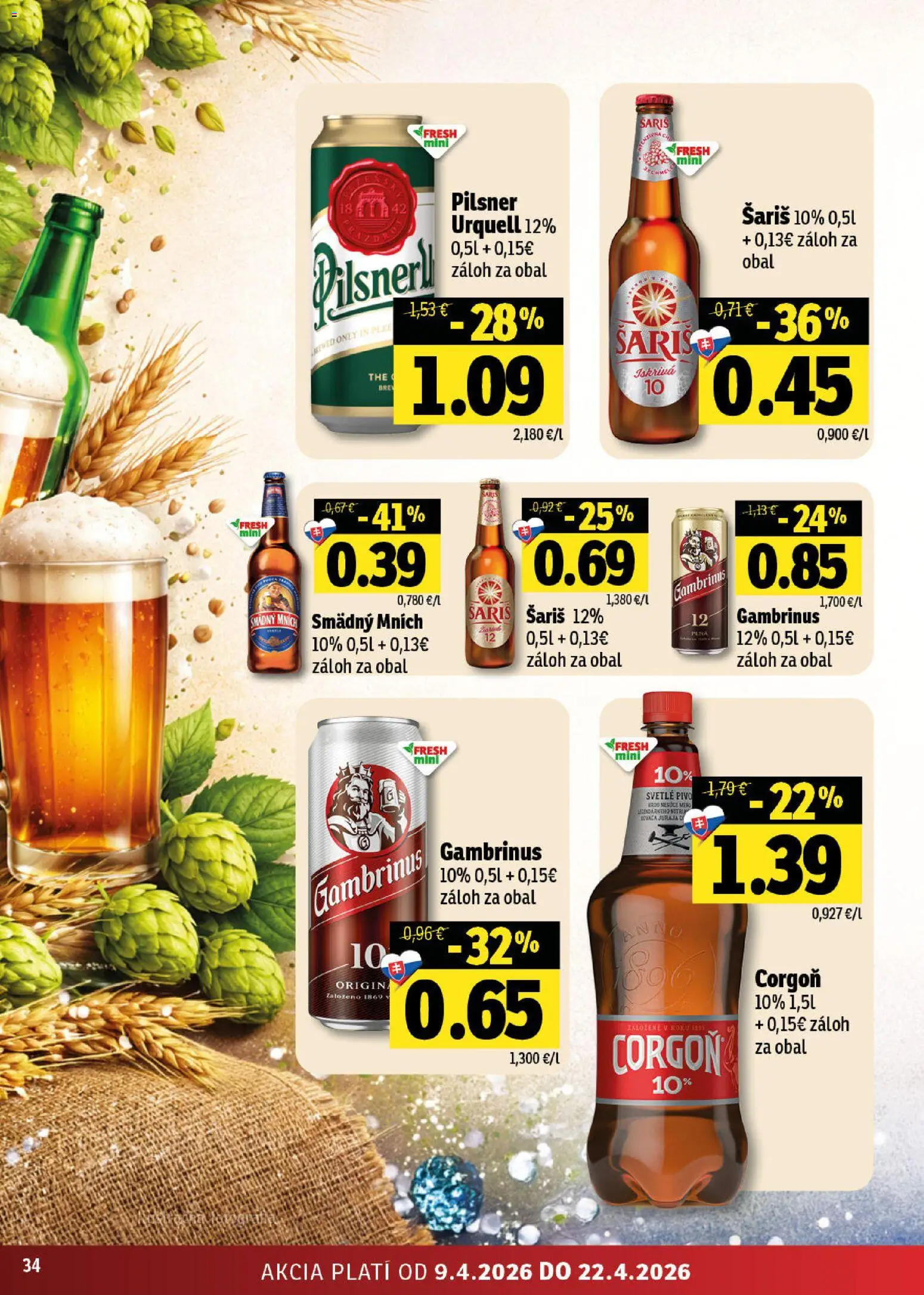 Nové Fresh akcie – leták je platný od 09.04.2026 | Strana: 34 | Produkty: Pivo, Pilsner Urquell, Šariš, Smädný Mních