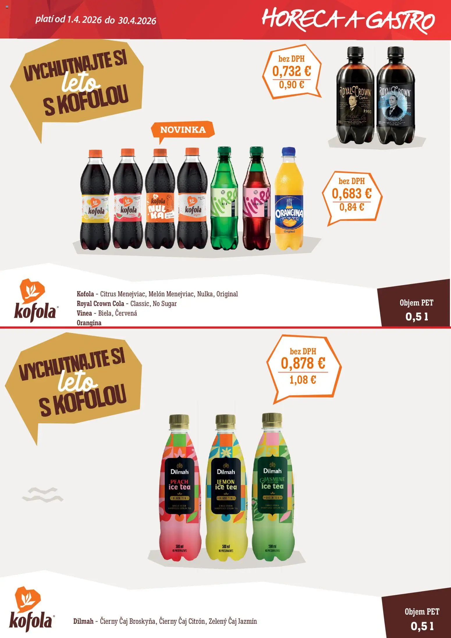 Nové CBA Verex akcie – leták je platný od 01.04.2026 | Strana: 2 | Produkty: Čaj, Kofola, Melón, Vinea