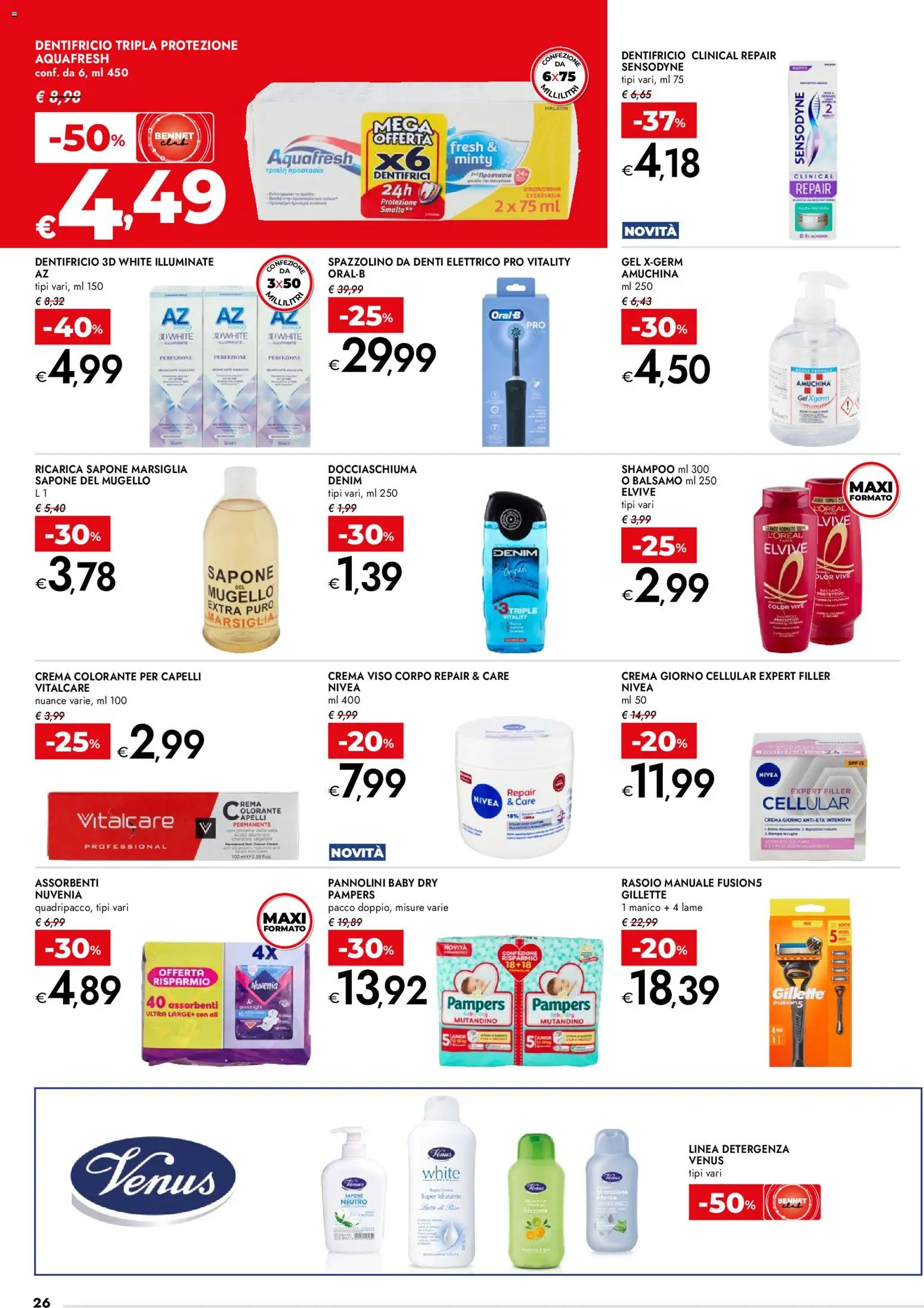 Volantino bennet del 23.04.2026 | Pagina: 26 | Prodotti: Shampoo, Pannolini, Rasoio, Spazzolino