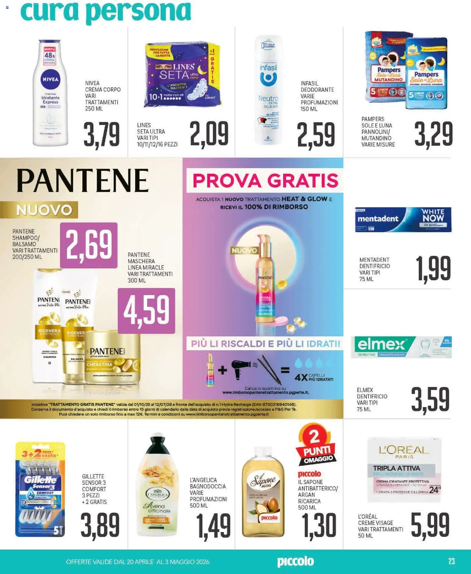 Volantino Piccolo del 20.04.2026 | Pagina: 23 | Prodotti: Maschera, Dentifricio, Data, Pampers