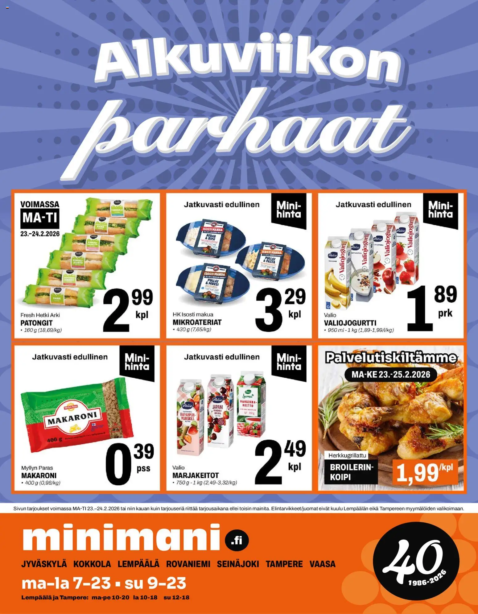 Minimani tarjoukset – voimassa 23.02.2026 alkaen | Sivu: 1 | Tuotteet: Raparperi, Kana, Keitto, Pasta