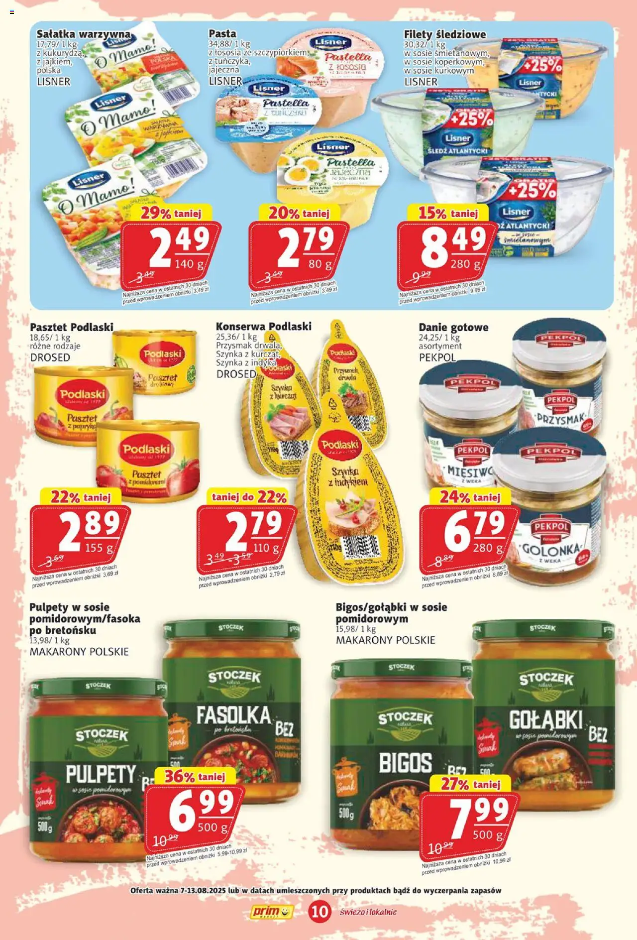 Prim Market Gazetka od 07.08.2025 | Strona: 10 | Produkty: Śledź, Szynka, Makarony, Sałatka