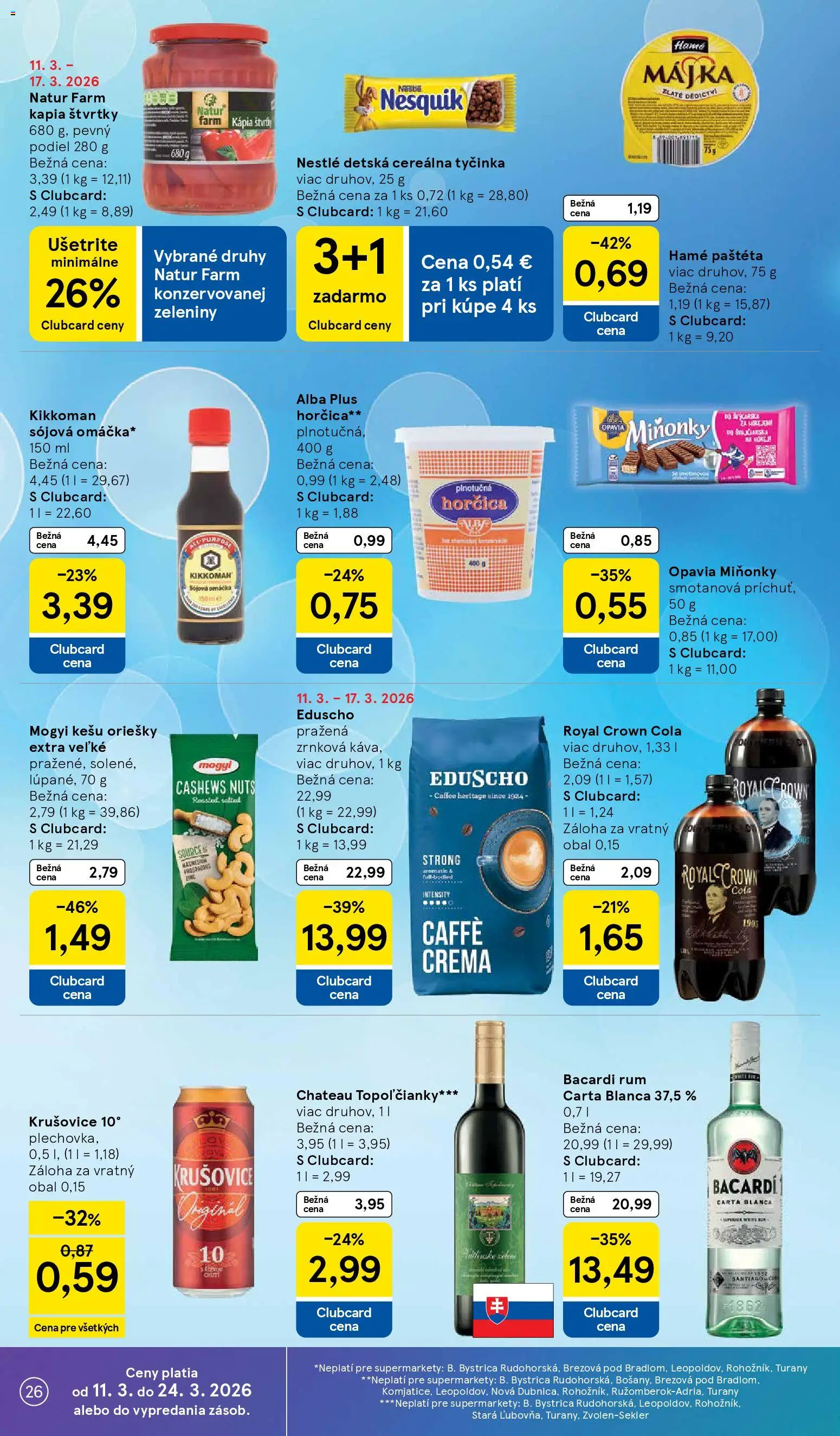 Nové Tesco akcie – leták je platný od 11.03.2026 | Strana: 26 | Produkty: Krušovice, Omáčka, Rum, Kápia