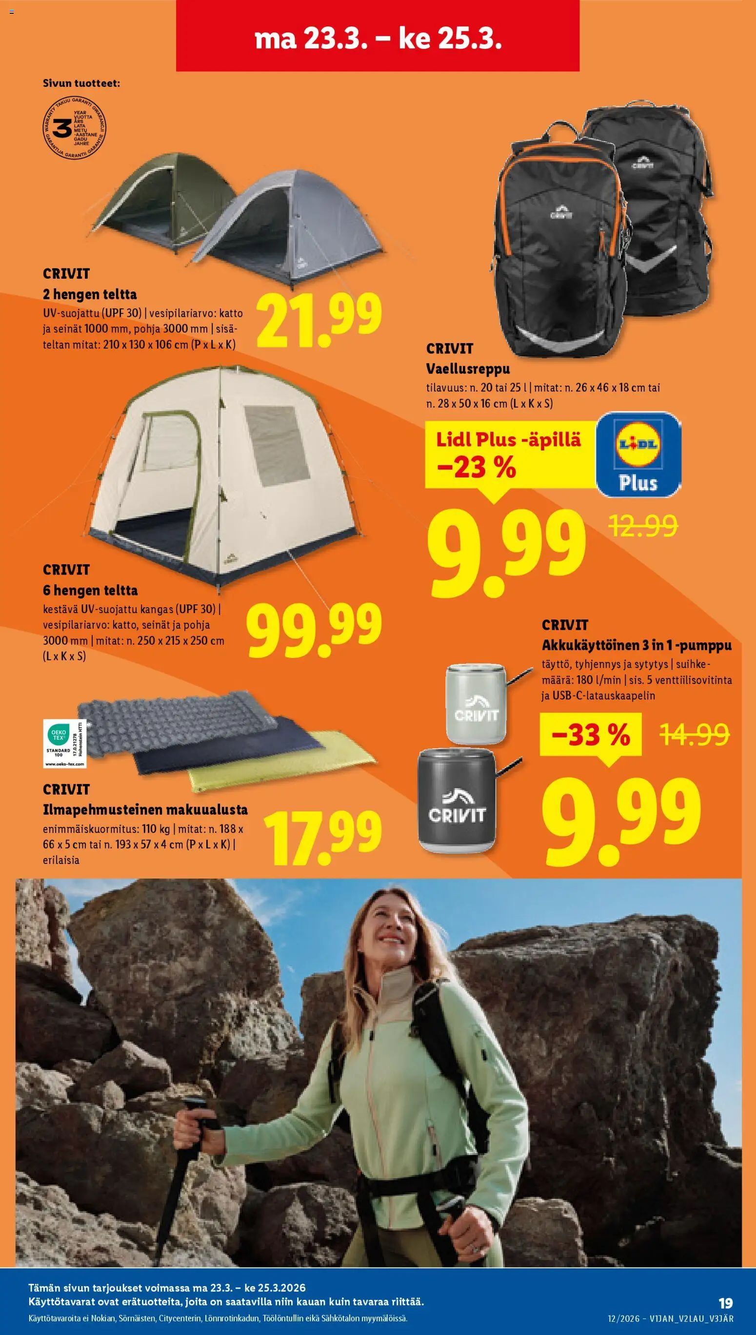 Lidl tarjoukset – voimassa 19.03.2026 alkaen | Sivu: 25 | Tuotteet: Makuualusta, Kangas, Teltta, Pumppu