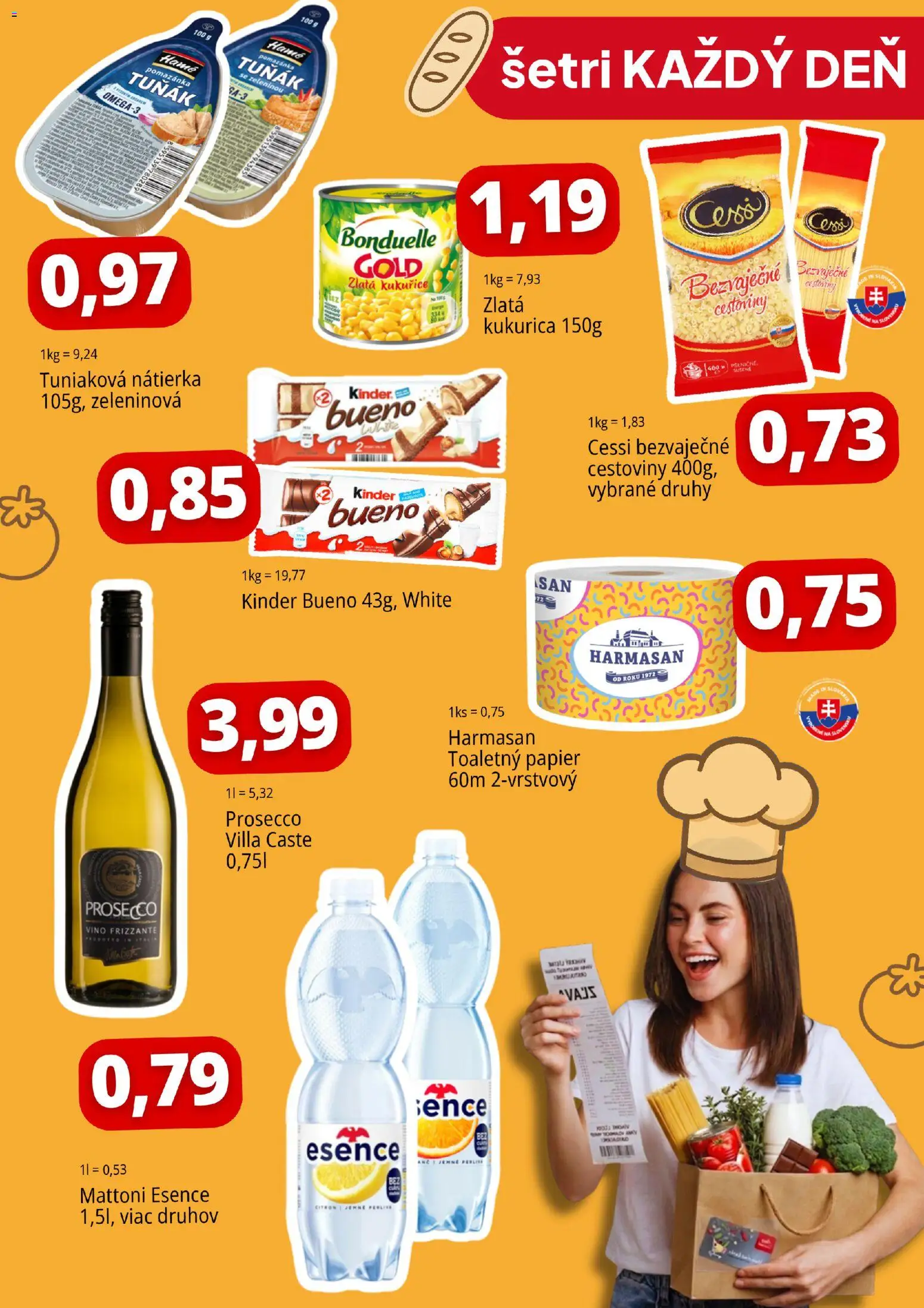 Nové CBA Komfos akcie – leták je platný od 01.04.2026 | Strana: 2 | Produkty: Prosecco, Cestoviny, Kinder Bueno, Toaletný papier