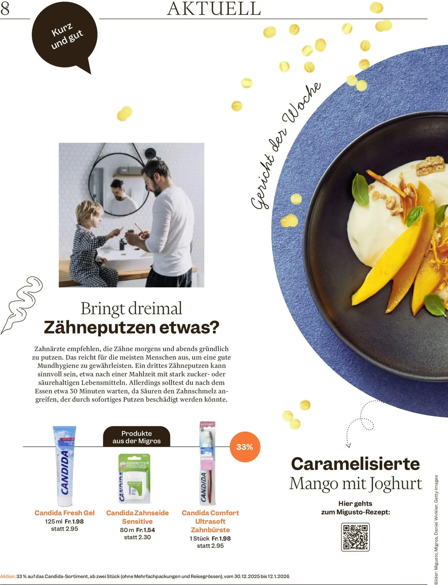 Migros Magazin – gültig ab 29.12.2025 | Seite: 8 | Produkte: Zahnbürste, Joghurt, Mango, Zucker