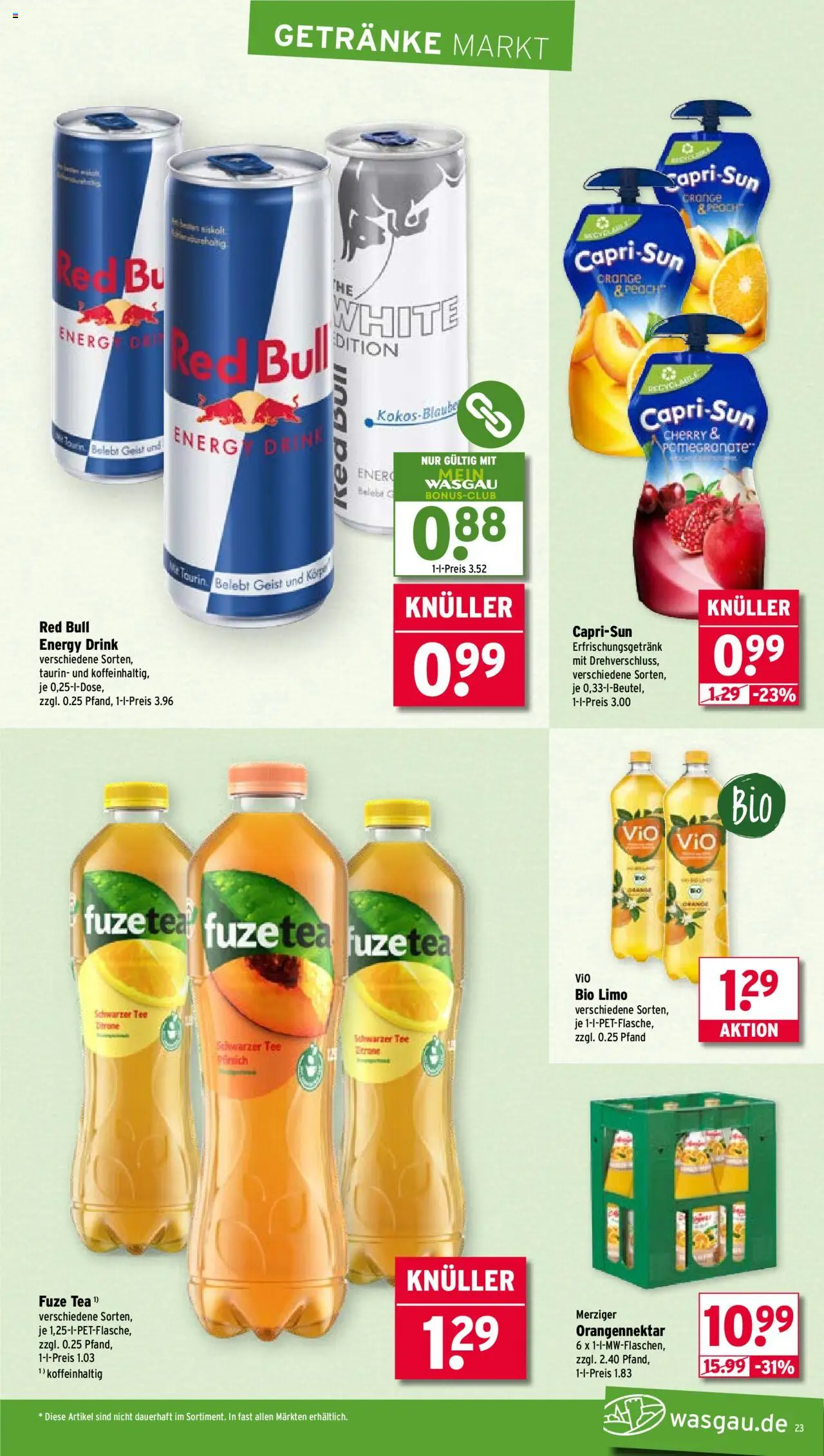 Wasgau Prospekt 	 - gültig ab dem 28.07.2025 | Seite: 23 | Produkte: Fuze tea, Red bull, Pfirsich, Tee