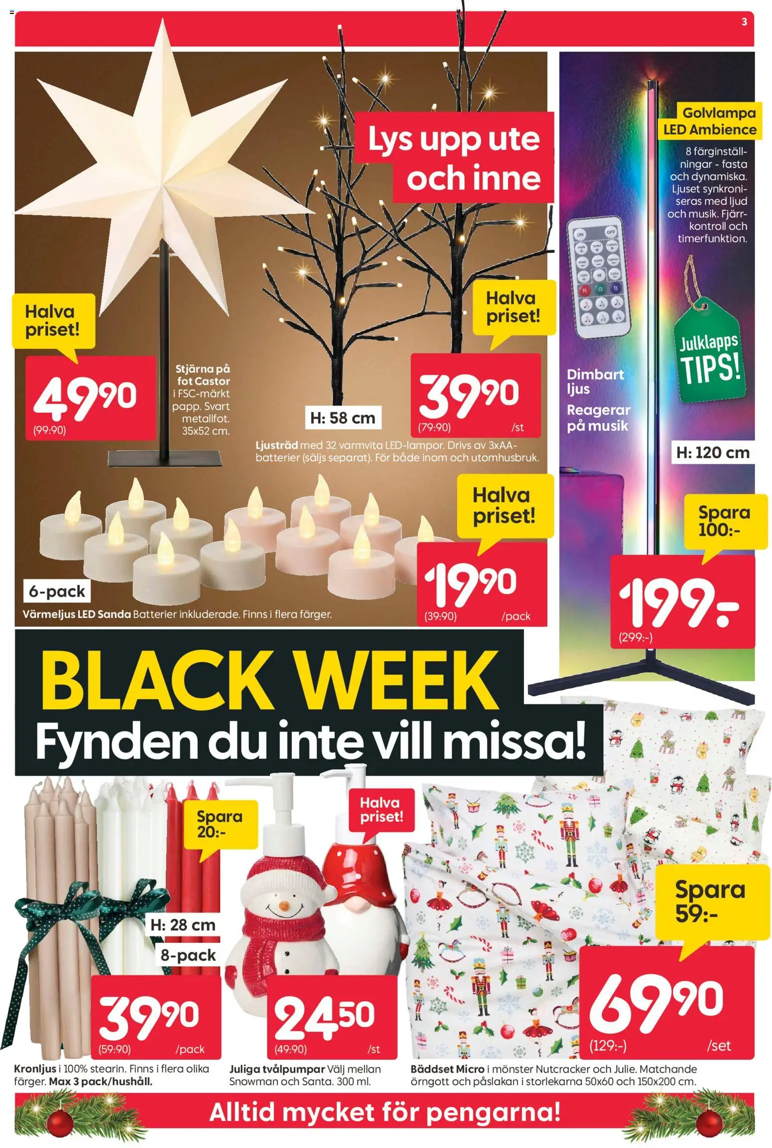 Rusta reklamblad aktuell från 24.11.2025 | Sida: 3 | Produkter: Batterier, Golvlampa, Bäddset, Värmeljus