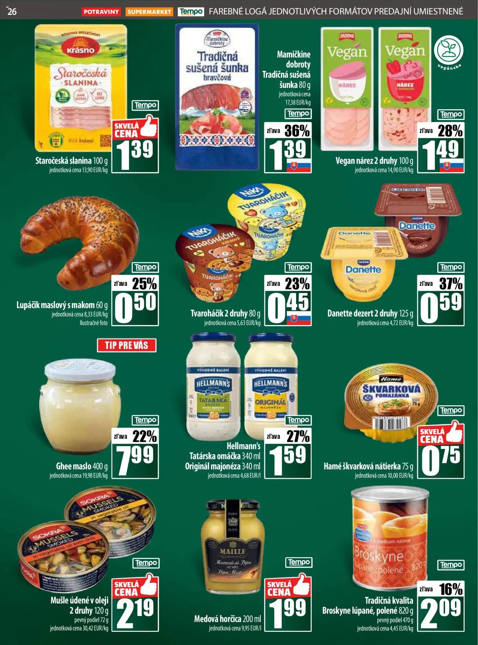 Nové COOP Jednota akcie – leták je platný od 23.10.2025 | Strana: 26 | Produkty: Maslo, Šunka, Tatárska omáčka, Broskyne