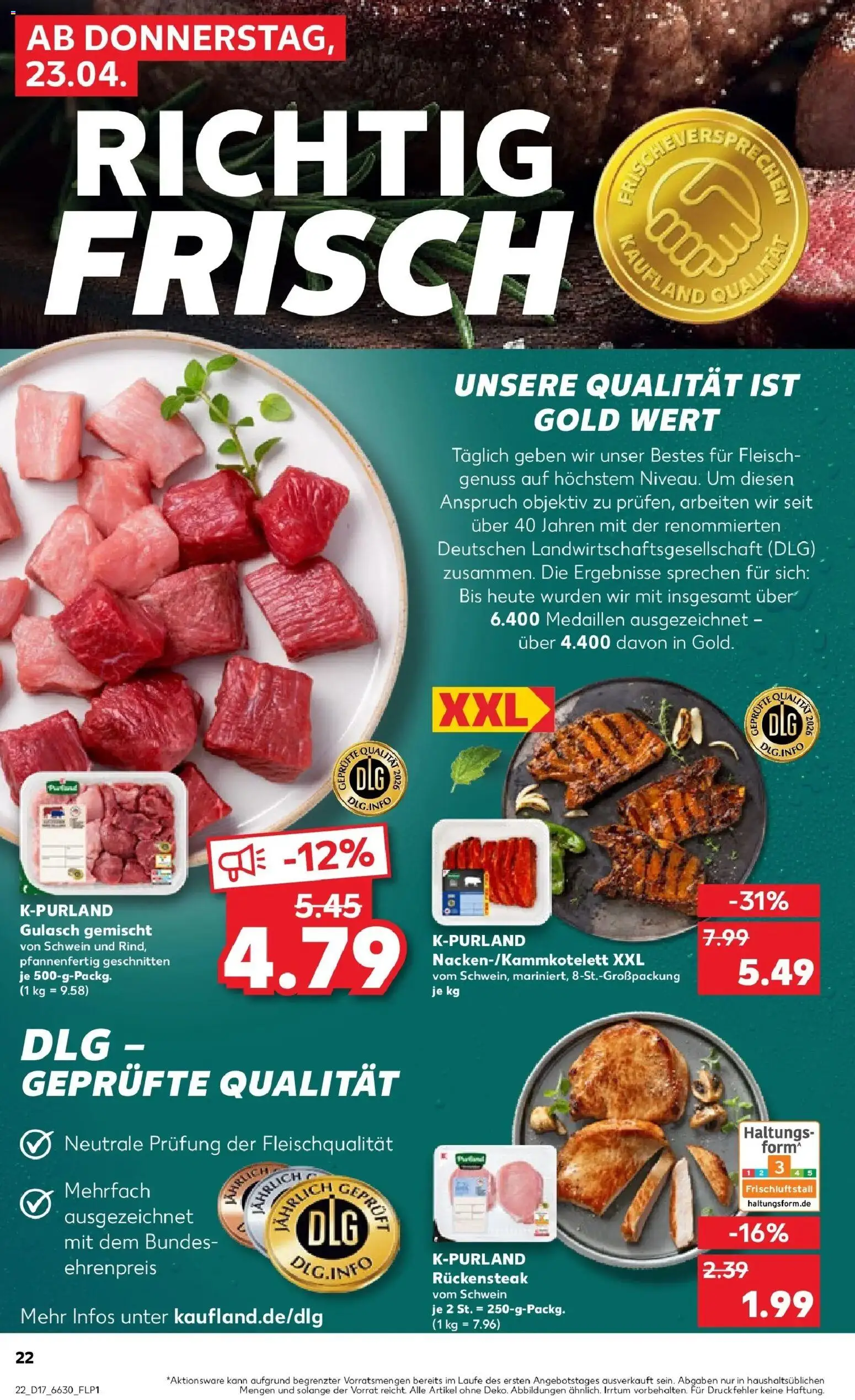 Kaufland Prospekt Biedenkopf	 – gültig ab 23.04.2026 | Seite: 22 | Produkte: Gulasch, Steak, Fleisch, Objektiv