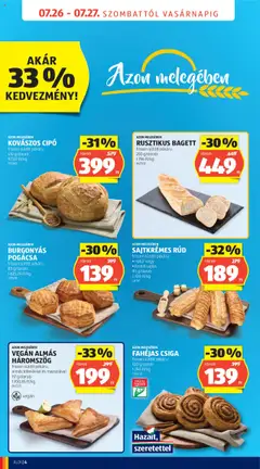 Aldi akciós ujság - amely érvényes a következő dátumtól: 26.07.2025 | Oldal: 4 | Termékek: Kovászos cipó, Bagett, Vegán, Pogácsa