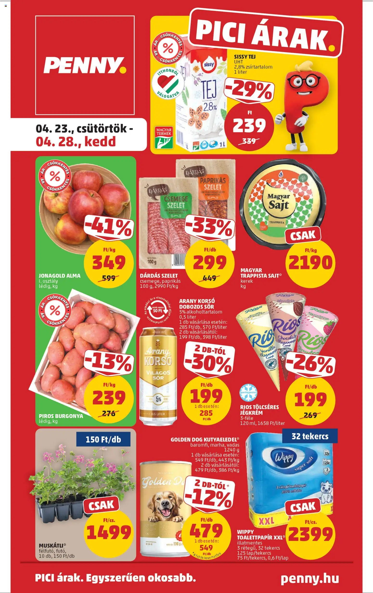 PENNY akciós ujság - amely érvényes a következő dátumtól: 23.04.2026 | Oldal: 1 | Termékek: Kutyaeledel, Tej, Sör, Alma