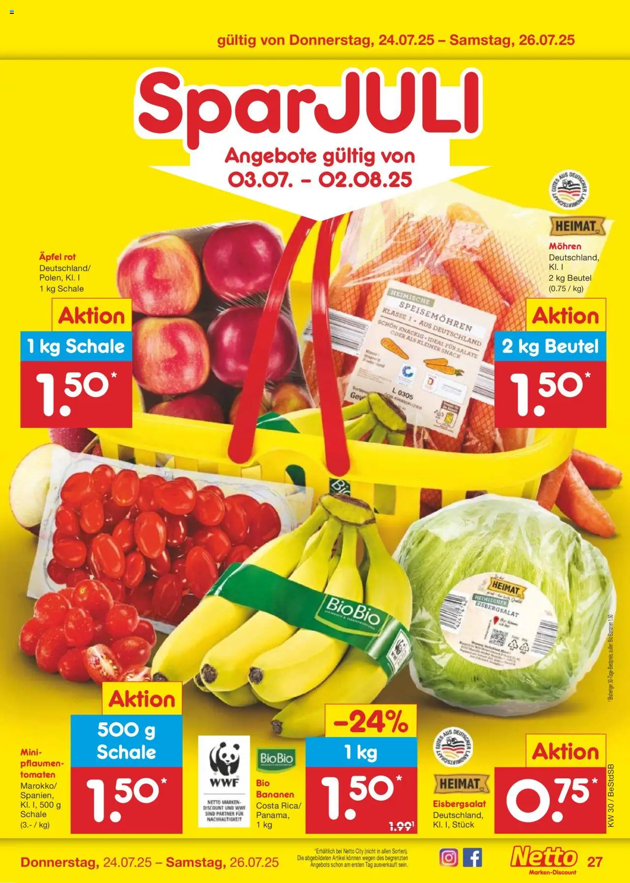 Netto Marken-Discount Prospekt 	 - gültig ab dem 21.07.2025 | Seite: 43 | Produkte: Bananen, Tomaten, Eisbergsalat, Mohren