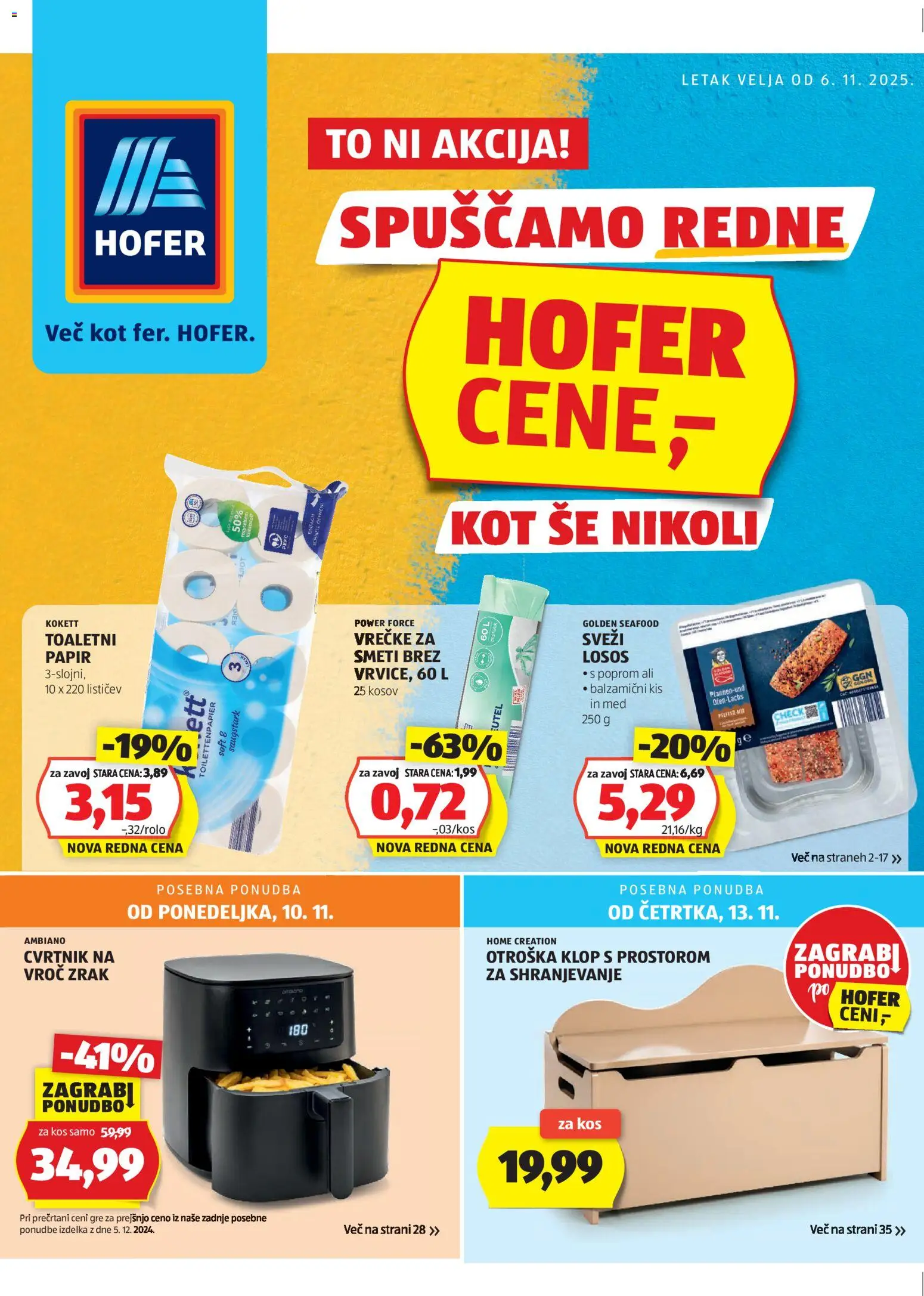 Novi Hofer katalog ponudbe – veljaven od 06.11.2025 | Stran: 1 | Izdelki: Toaletni papir, Losos, Kos, Kis