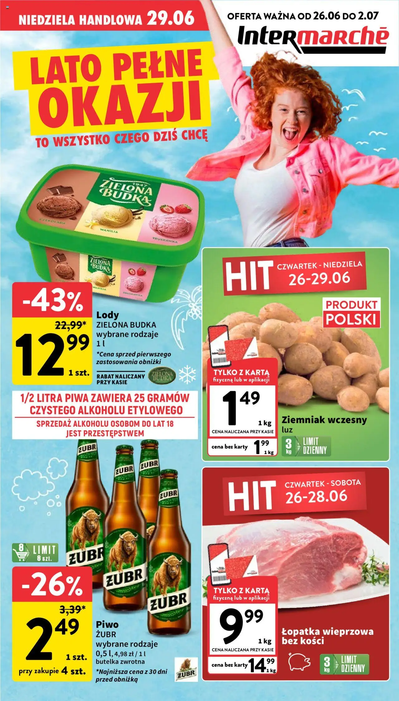 Intermarche Gazetka od 26.06.2025 | Strona: 1 | Produkty: Karta, Łopatka wieprzowa, Piwo, Lody