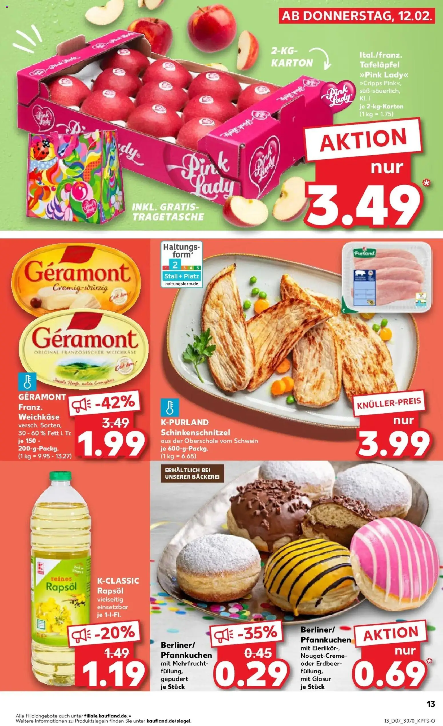 Kaufland prospekt Ahrensfelde	 – gültig ab 16.02.2026 | Seite: 13 | Produkte: Bäckerei, Rapsöl, Pfannkuchen, Schnitzel