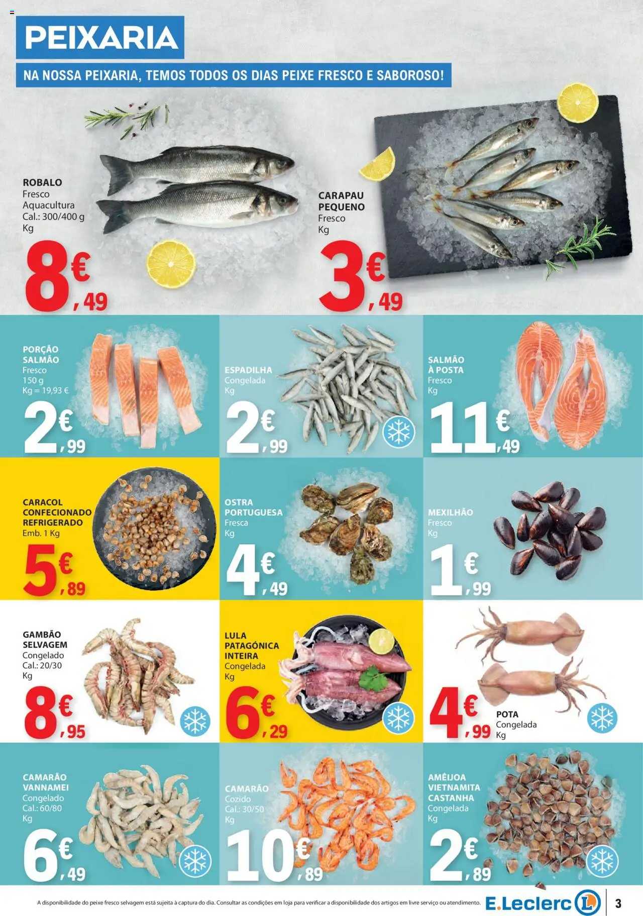 E.Leclerc folheto │ válido de 31.07.2025 | Página: 3 | Produtos: Camarão, Salmão, Peixe