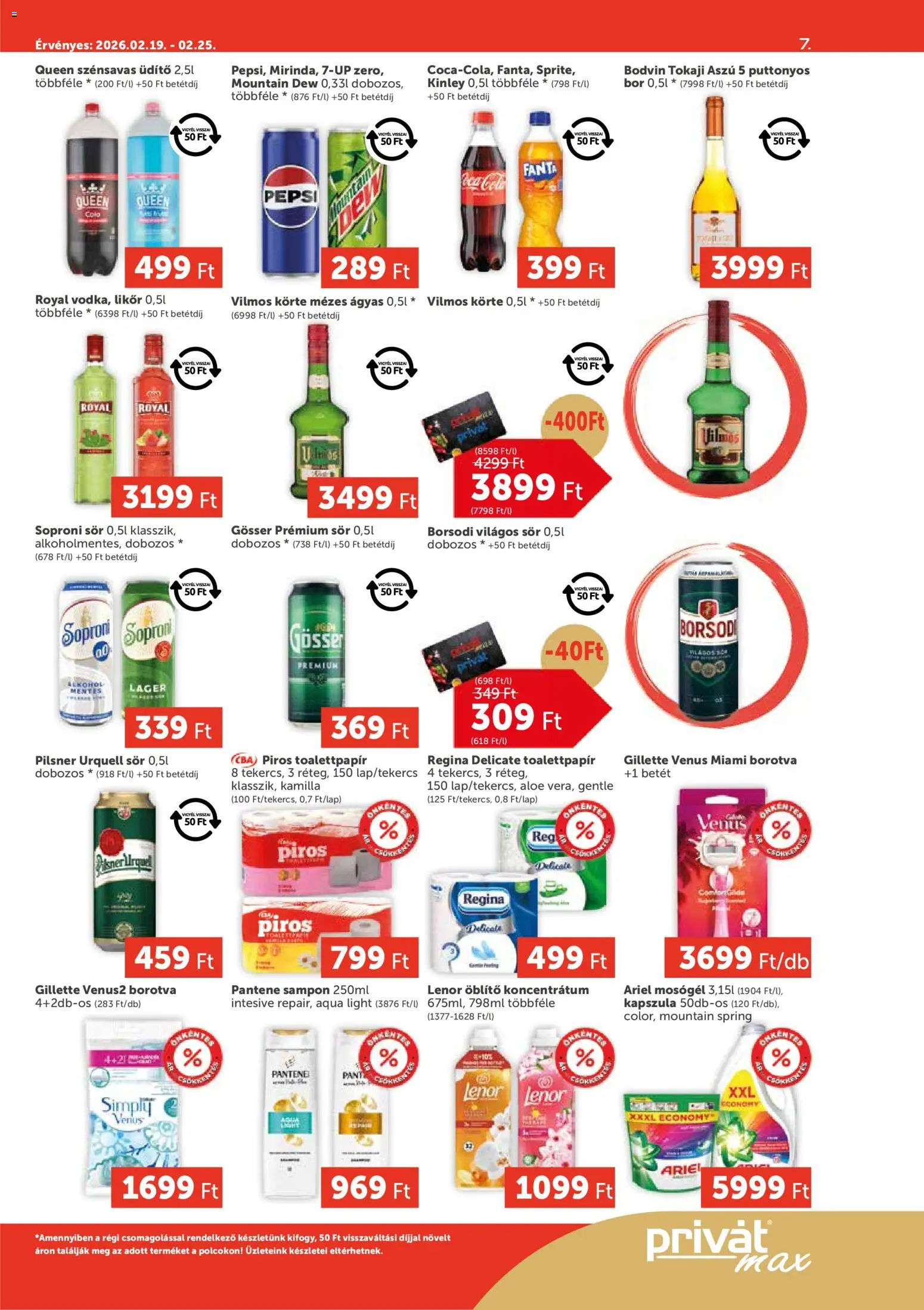 PRIVÁT akciós ujság - amely érvényes a következő dátumtól: 19.02.2026 | Oldal: 7 | Termékek: Ariel, Alkohol, Pilsner urquell, Bor