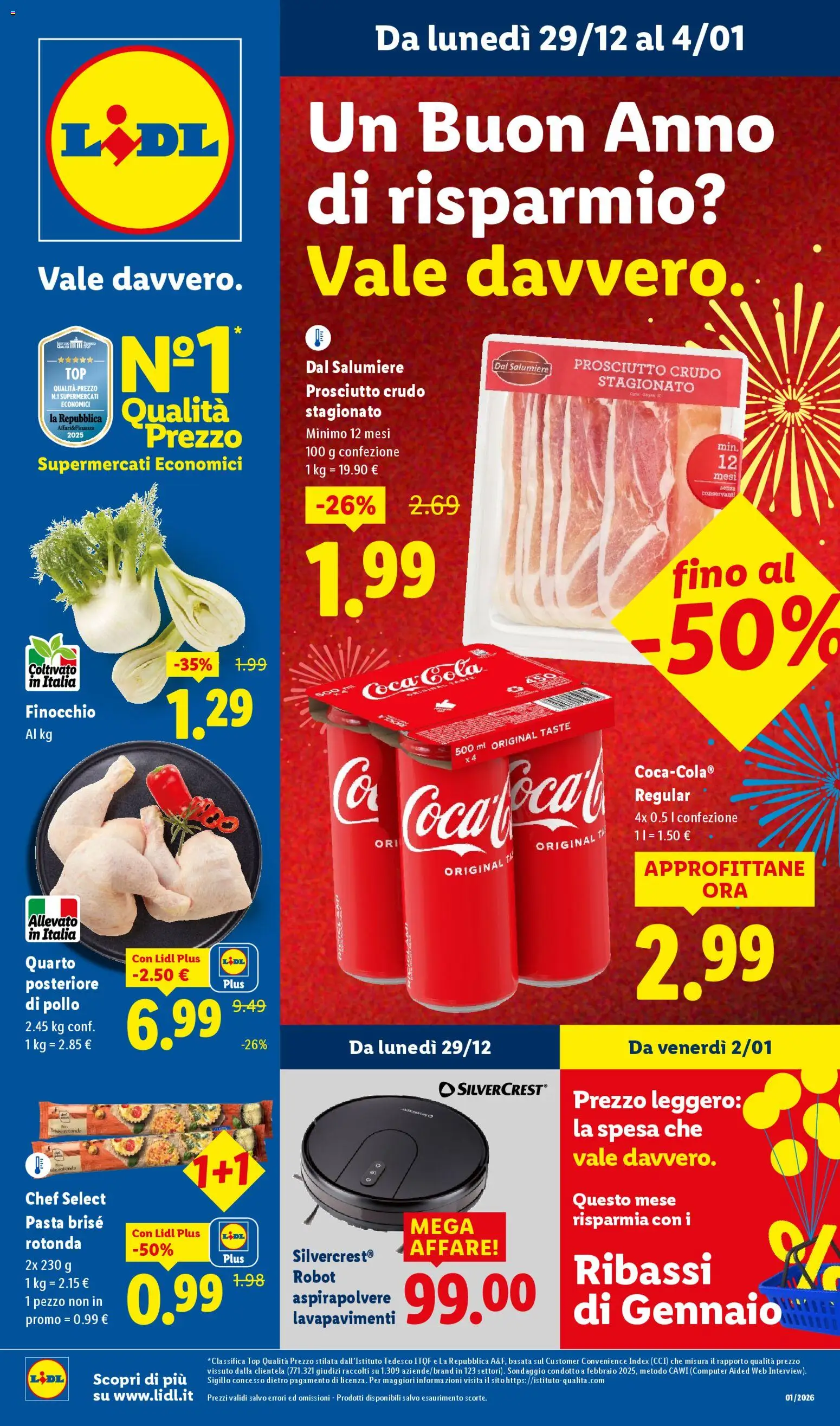 Volantino Lidl del 29.12.2025 | Pagina: 1 | Prodotti: Prosciutto, Pasta, Aspirapolvere, Robot