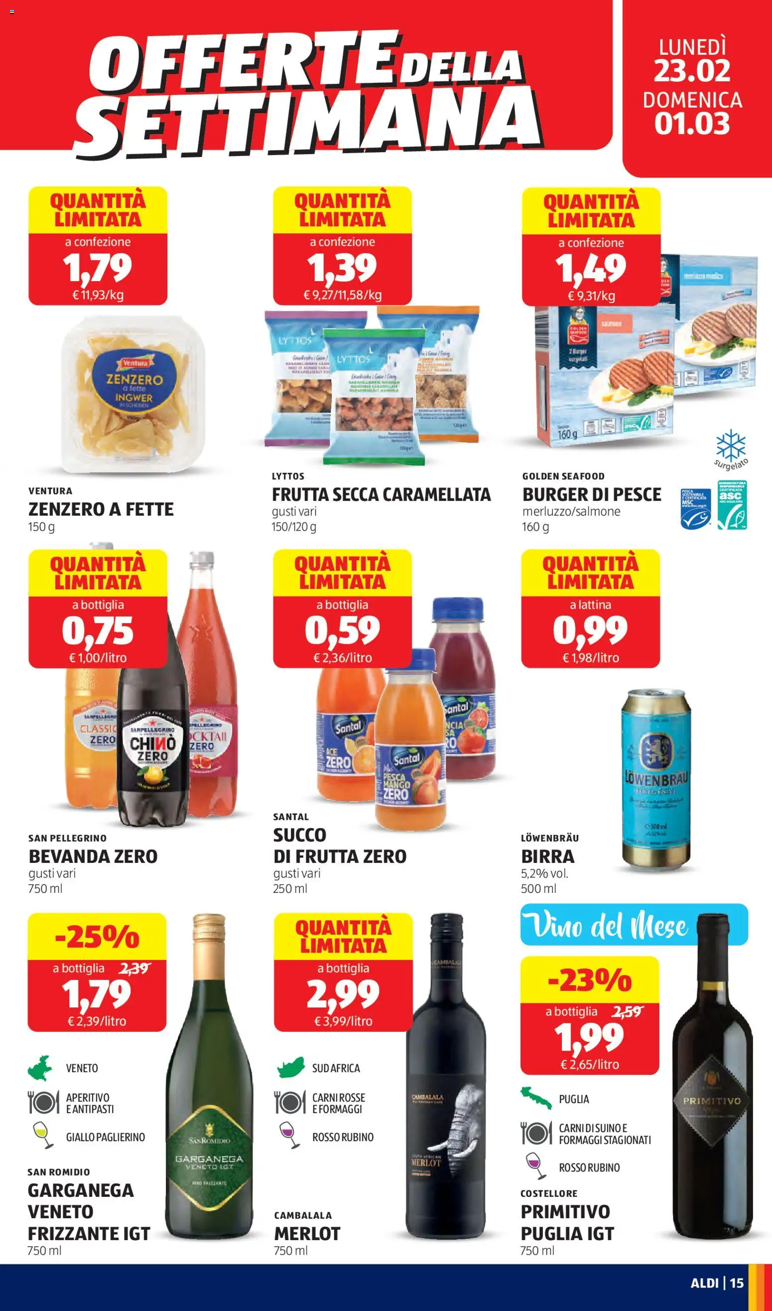 Volantino Aldi del 23.02.2026 | Pagina: 15 | Prodotti: Birra, Pesca, Bottiglia, Aperitivo