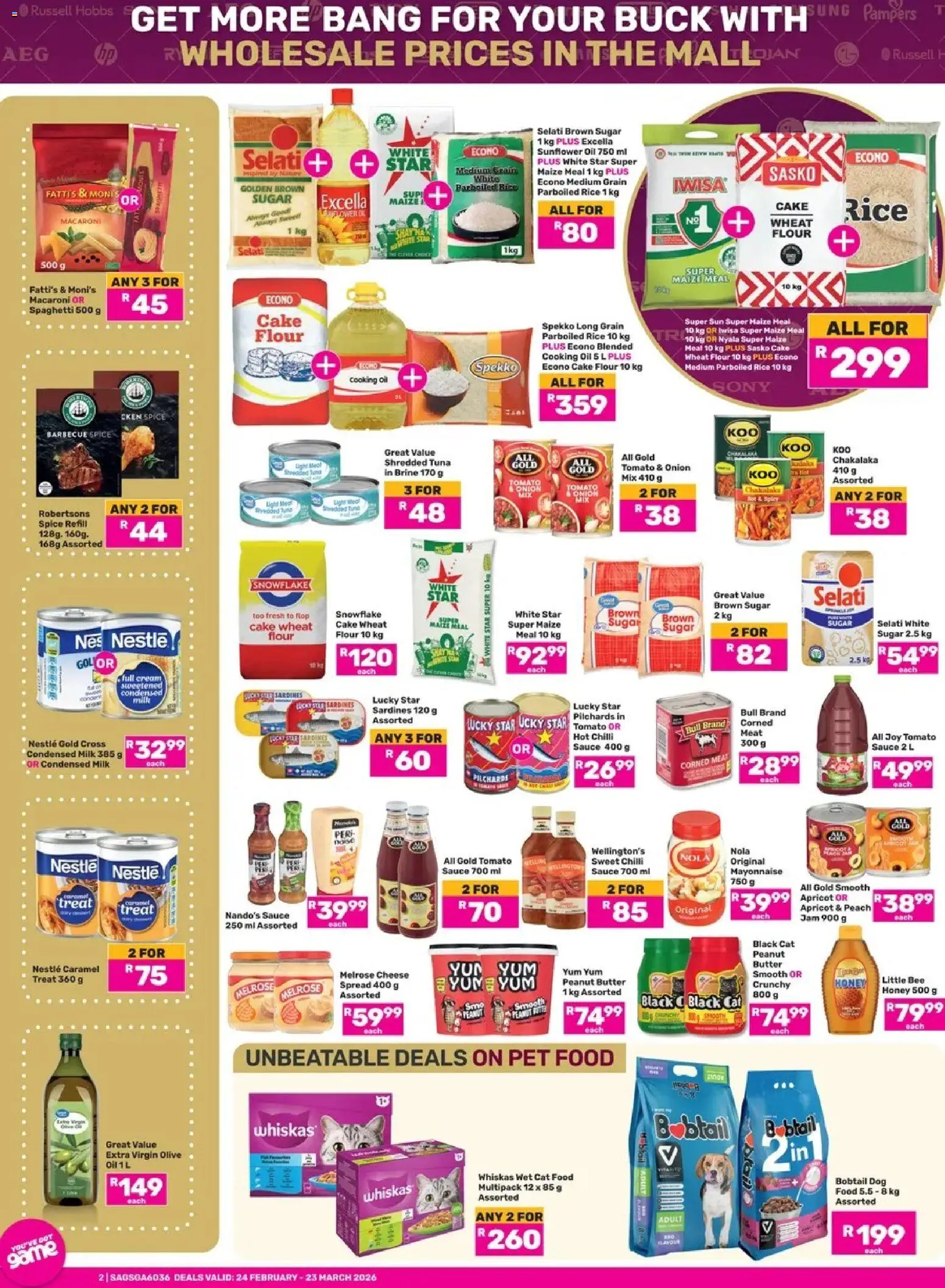 New Game catalogue – valid from 24.02.2026 | Page: 2 | Products: Maize meal, Oil, Peanut butter, Sauce