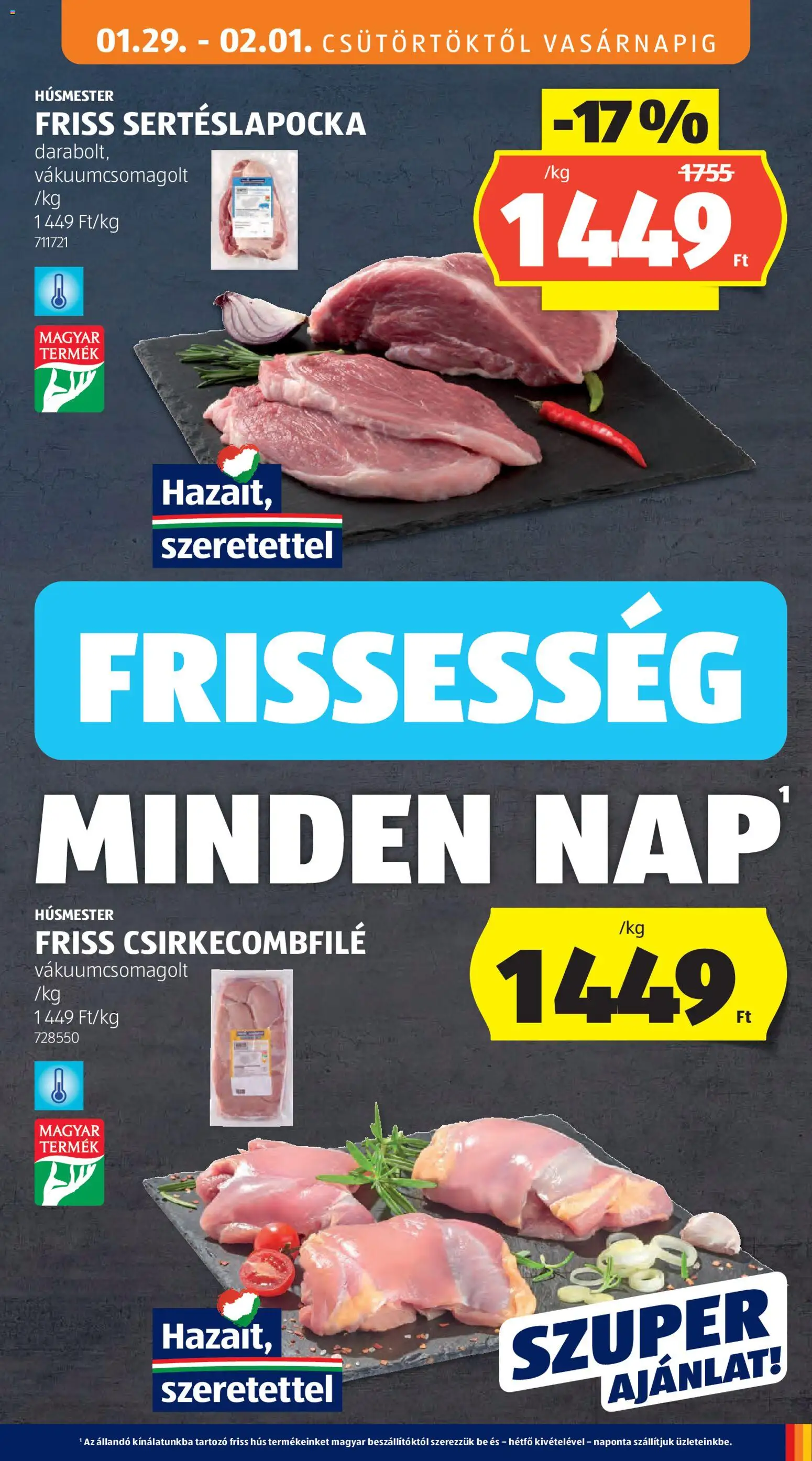 Aldi akciós ujság - amely érvényes a következő dátumtól: 29.01.2026 | Oldal: 11 | Termékek: Hús, Sertéslapocka, Csirkecombfile