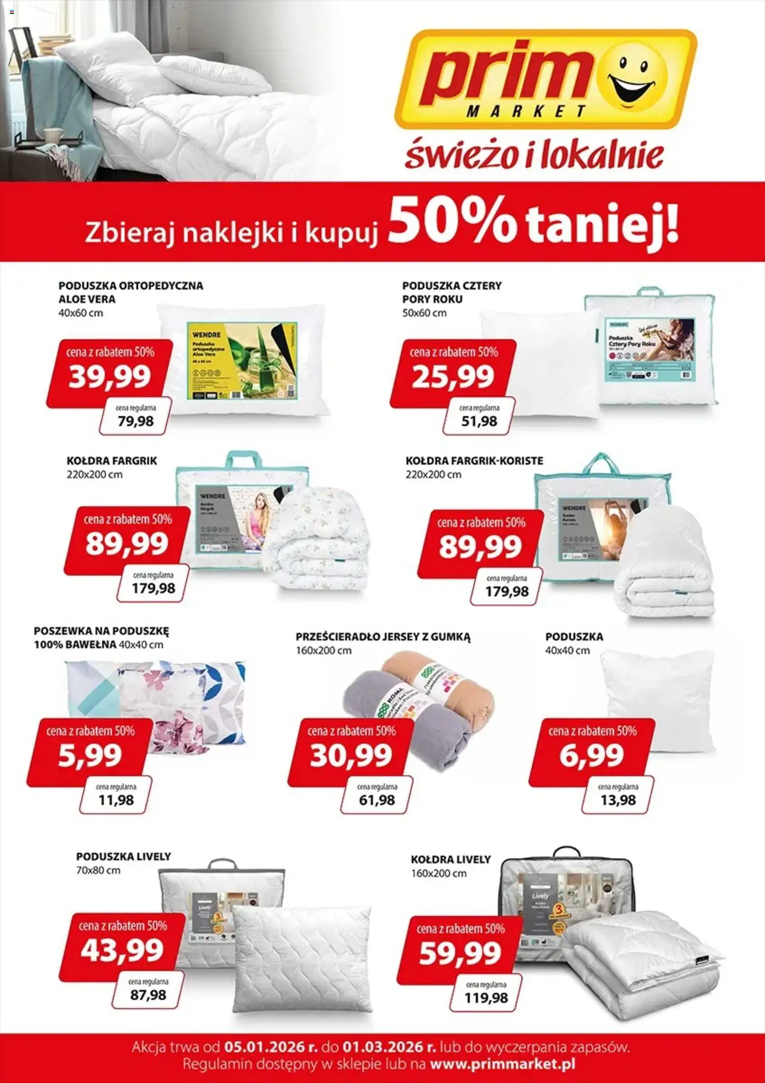 Prim Market Promocja - Akcja Lojalnościowa Pościel Tekmar 50% Taniej od 05.01.2026 | Strona: 1 | Produkty: Poduszka, Naklejki, Poduszka ortopedyczna, Kołdra