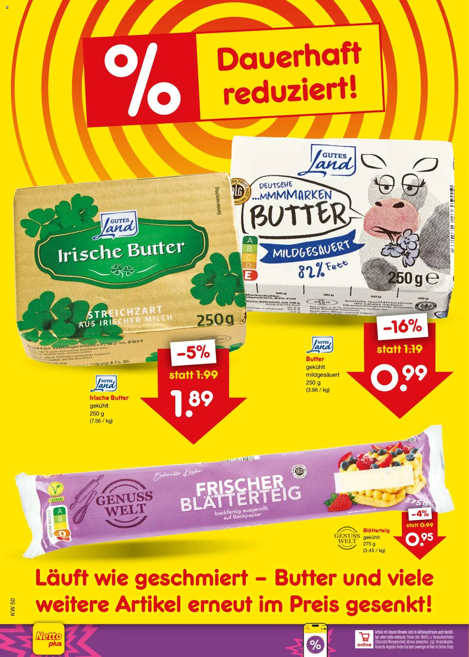 Netto Marken-Discount Preissenkung auf Dauer – gültig ab 09.12.2025 | Seite: 1 | Produkte: Milch, Butter, Jacke, Reis