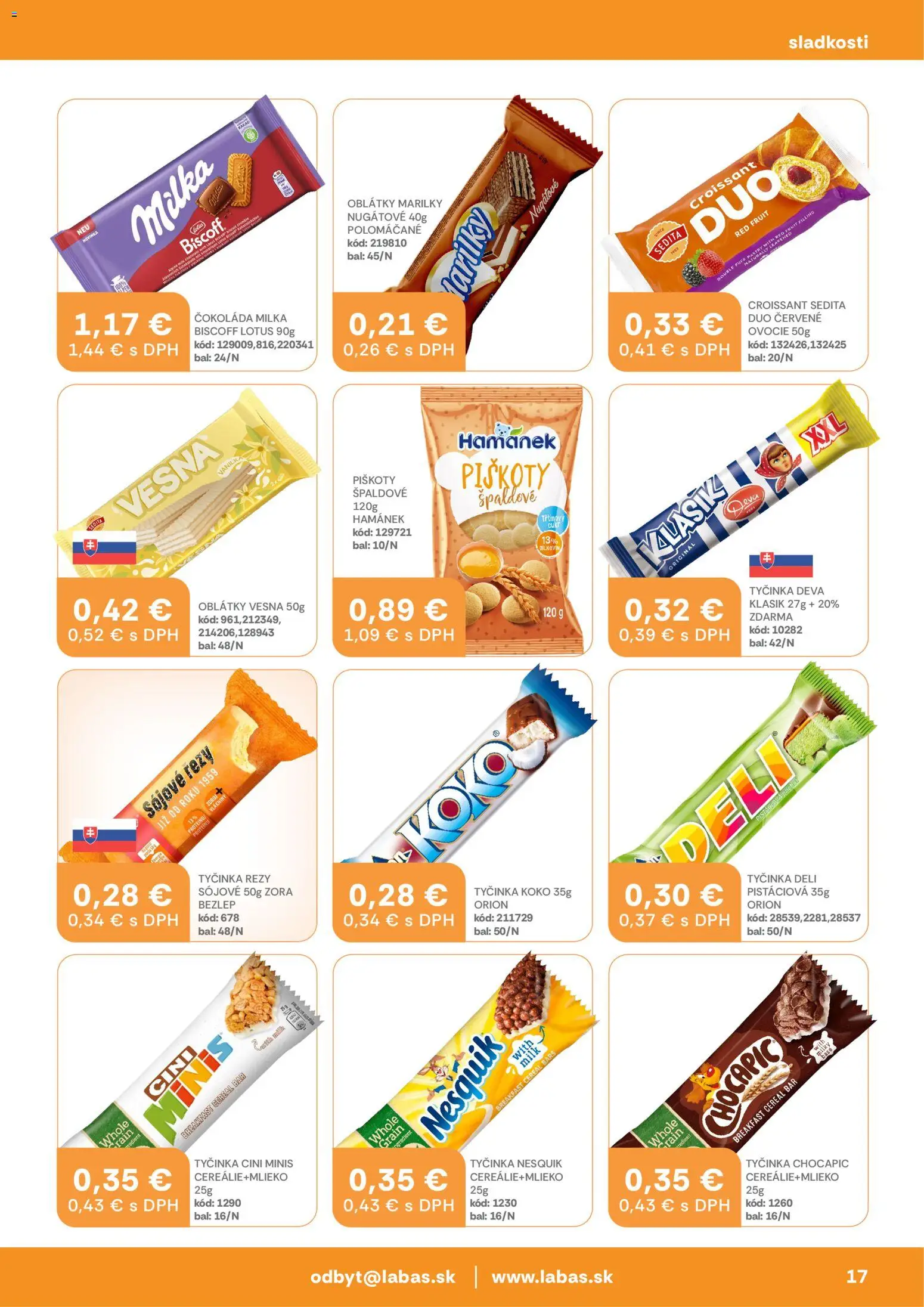 Nové Labaš akcie – leták je platný od 13.03.2026 | Strana: 17 | Produkty: Croissant, Cini Minis, Milka, Ovocie