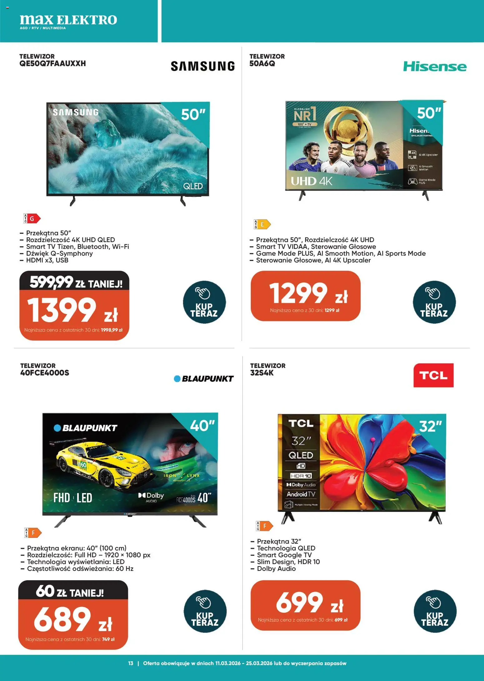Max elektro gazetka od 11.03.2026 | Strona: 13 | Produkty: Telewizor, Audio, USB