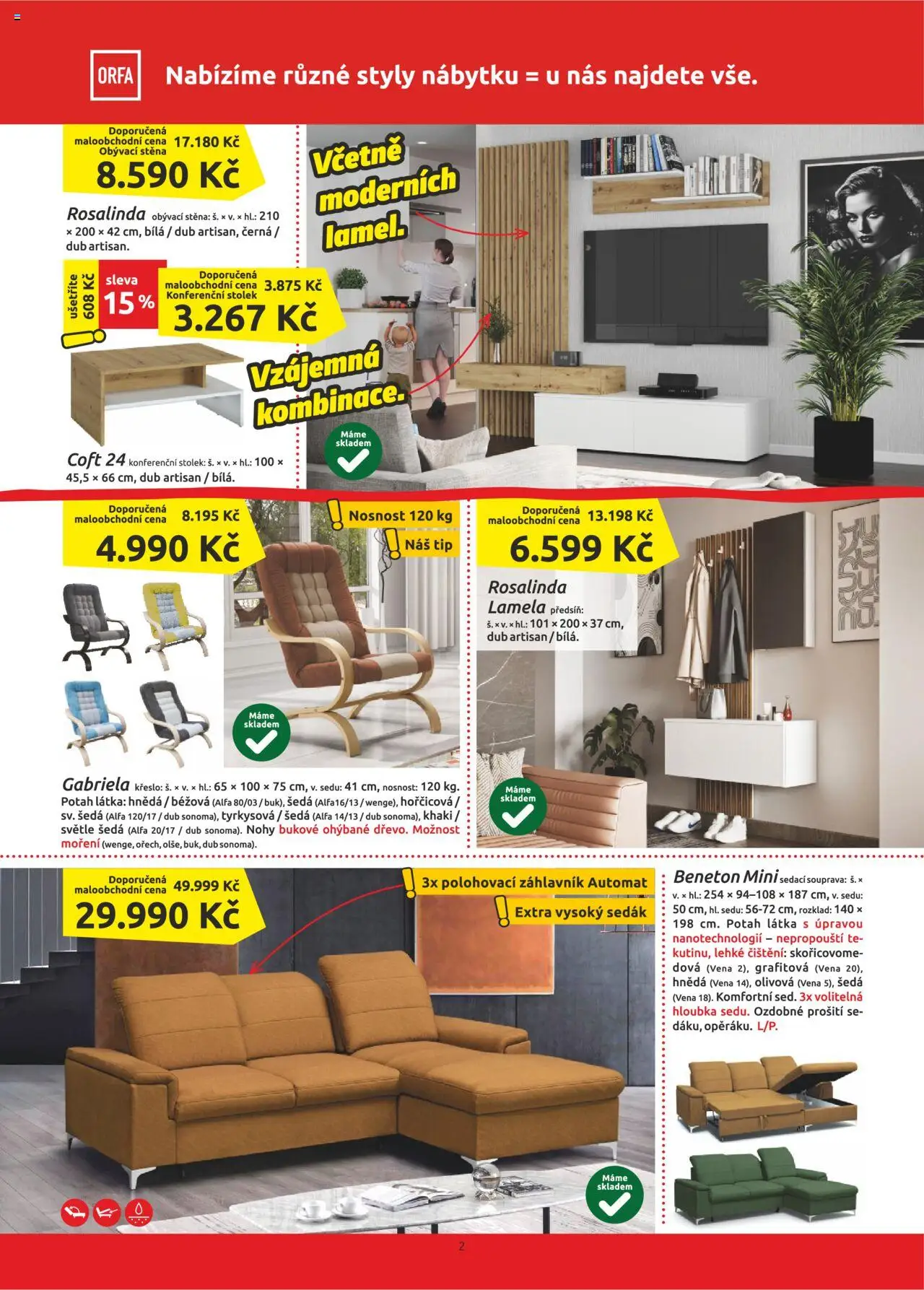 ORFA nábytek leták od 01.07.2025 | Strana: 2 | Produkty: Křeslo, Obývací stěna, Konferenční stolek, Stolek