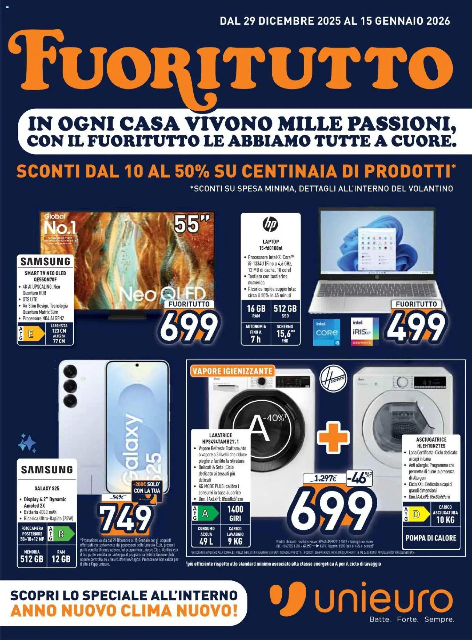Volantino Unieuro del 29.12.2025 | Pagina: 1 | Prodotti: Schermo, Fotocamera, Batteria, Samsung