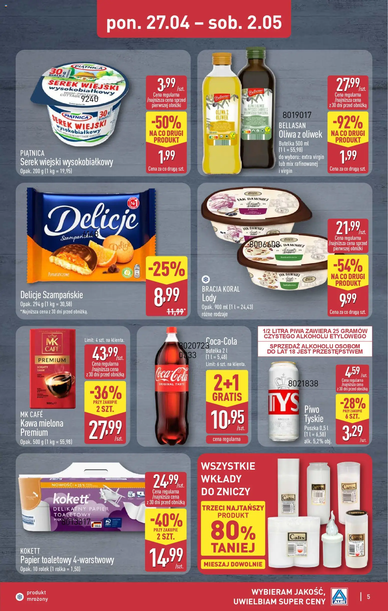 Aldi gazetka - Oferta weekendowa od 30.04.2026 | Strona: 5 | Produkty: Papier toaletowy, Serek wiejski, Tyskie, Kawa