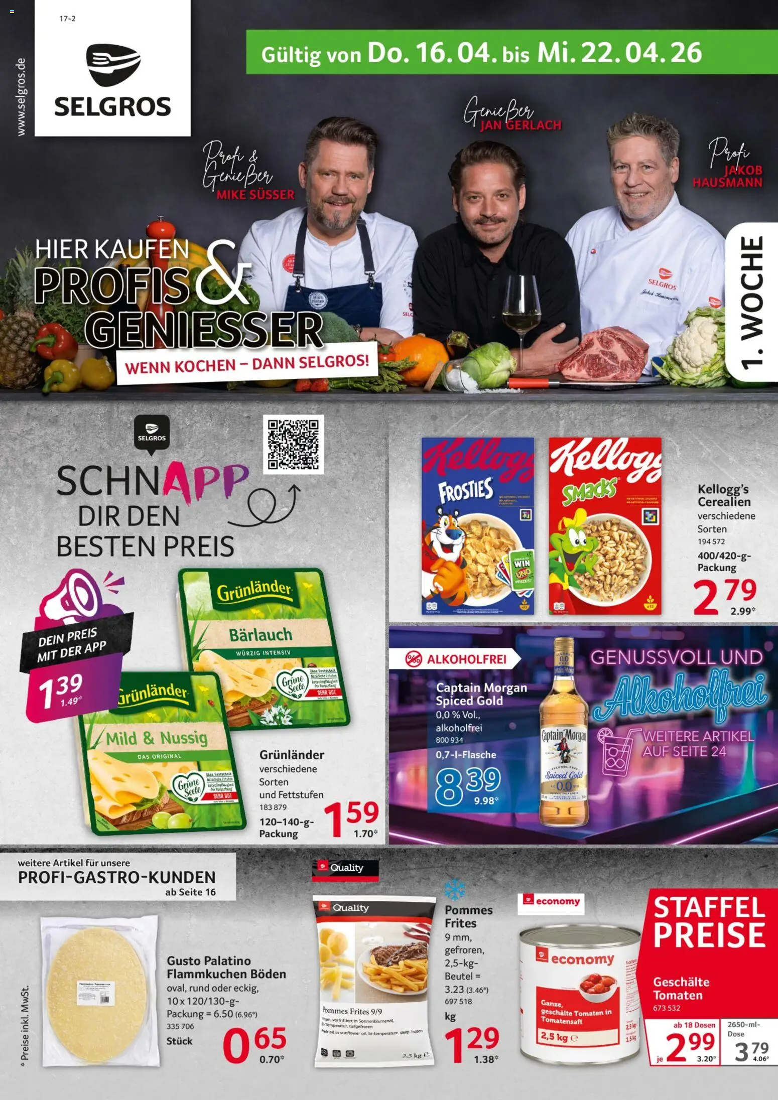 Selgros Prospekt 	 – gültig ab 16.04.2026 | Seite: 1 | Produkte: Tomaten, Kellogg's, Grunlander, Captain morgan