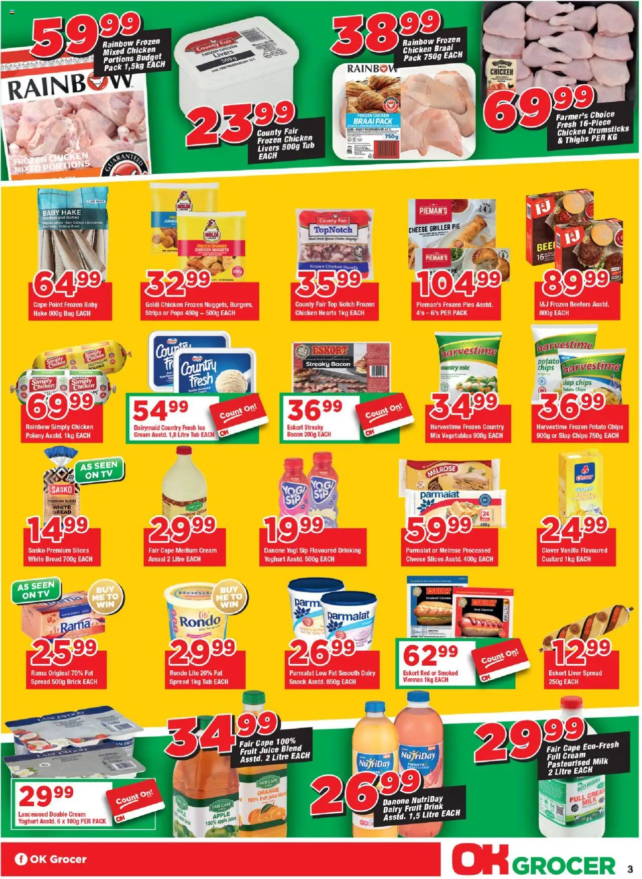 New OK Foods catalogue – valid from 24.09.2025 | Page: 3 | Products: Chicken, Chips, Cream, Bacon