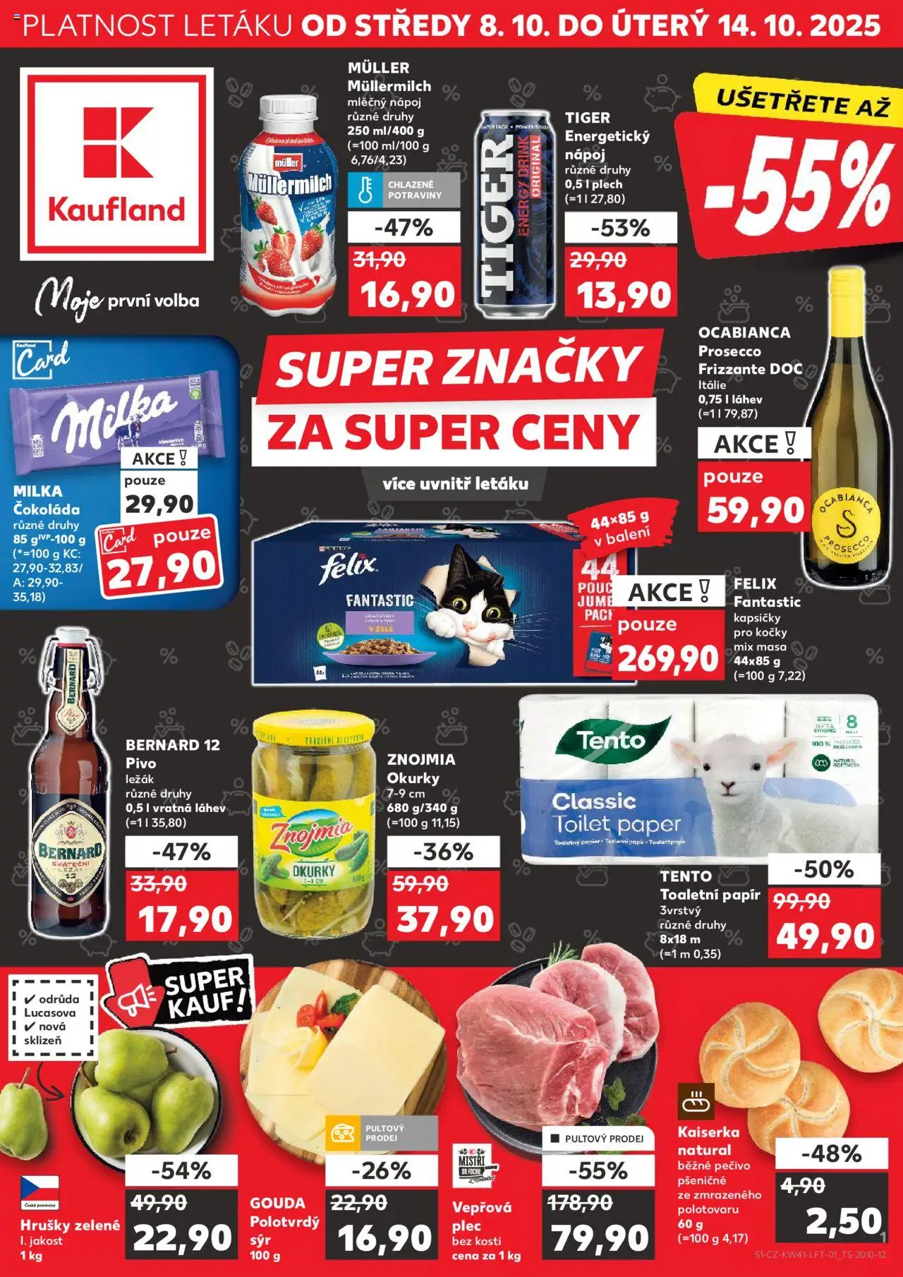 Kaufland leták od 08.10.2025 | Strana: 1 | Produkty: Energetický nápoj Tiger, Felix fantastic, Hrušky, Bernard