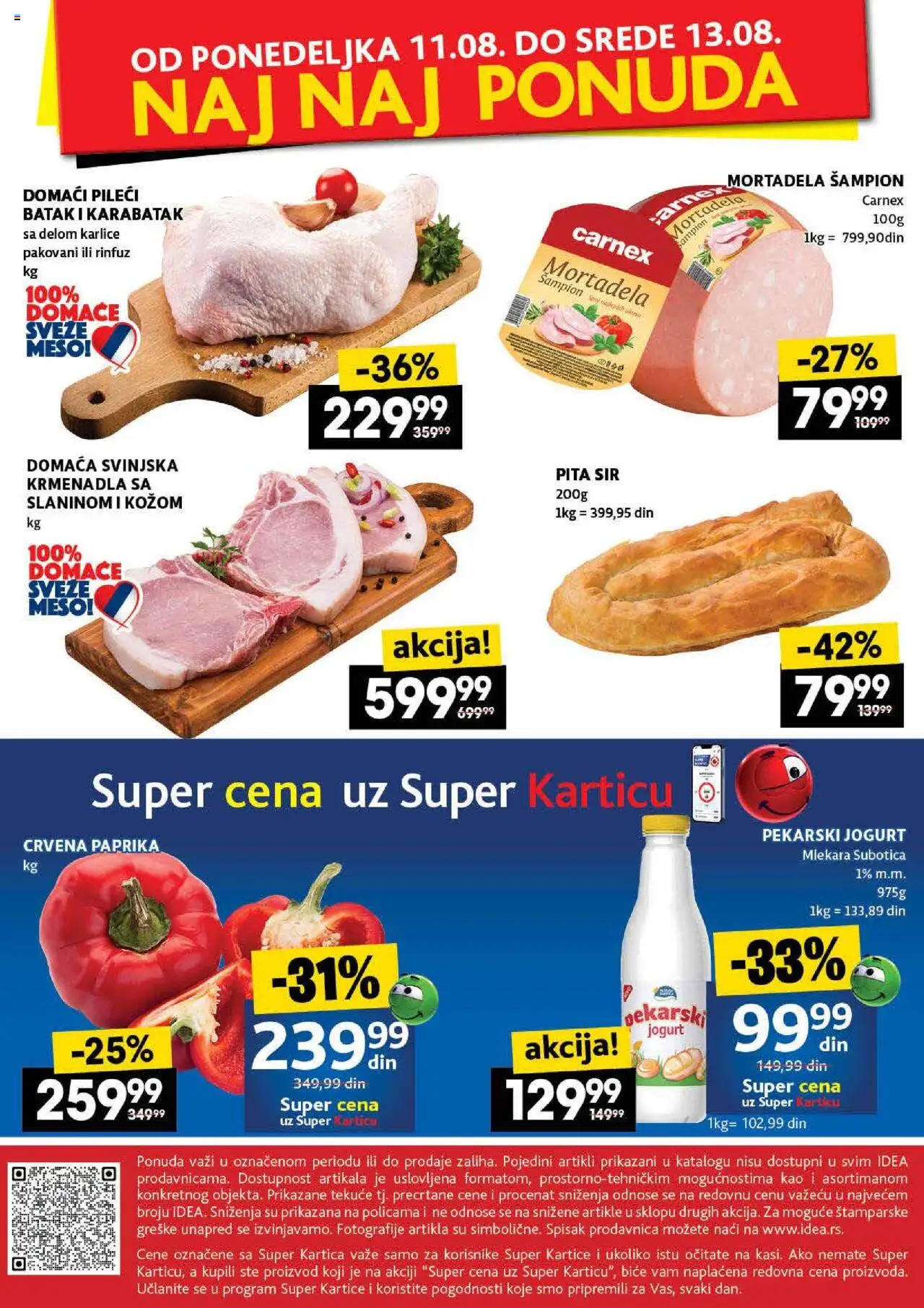 Idea katalog - važi od 07.08.2025 | Strana: 48 | Proizvode: Svinjska krmenadla, Mortadela, Sir, Pita