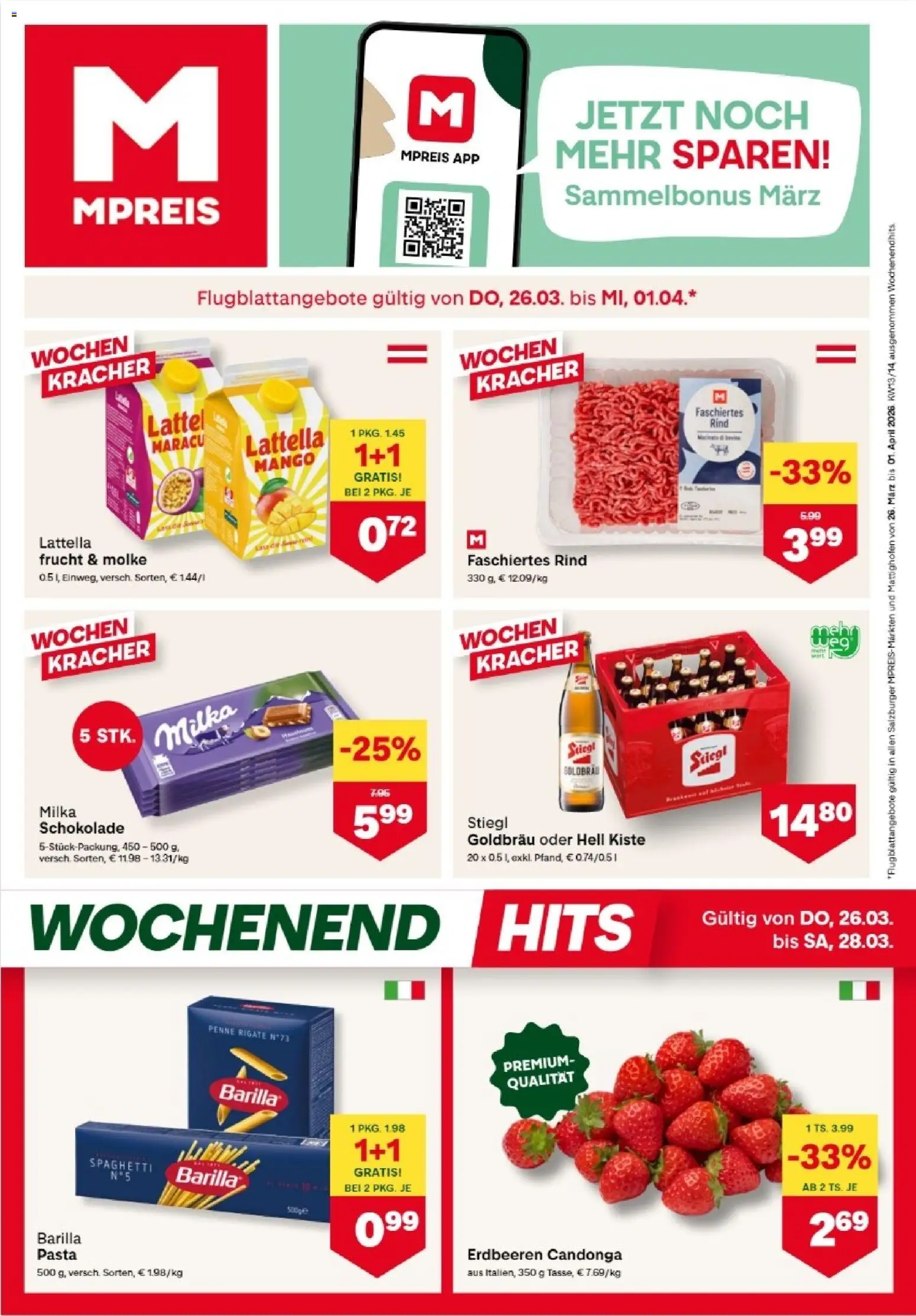MPREIS Altenmarkt im Pongau gültig ab 26.03.2026 | Seite: 1 | Produkte: Erdbeeren, Mango, Hajdina liszt, Schokolade