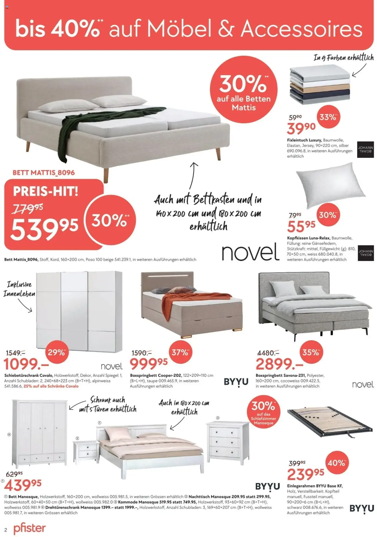 Pfister Aktionen ab 26.08.2025 | Seite: 2 | Produkte: Kopfkissen, Spiegel, Bett, Boxspringbett