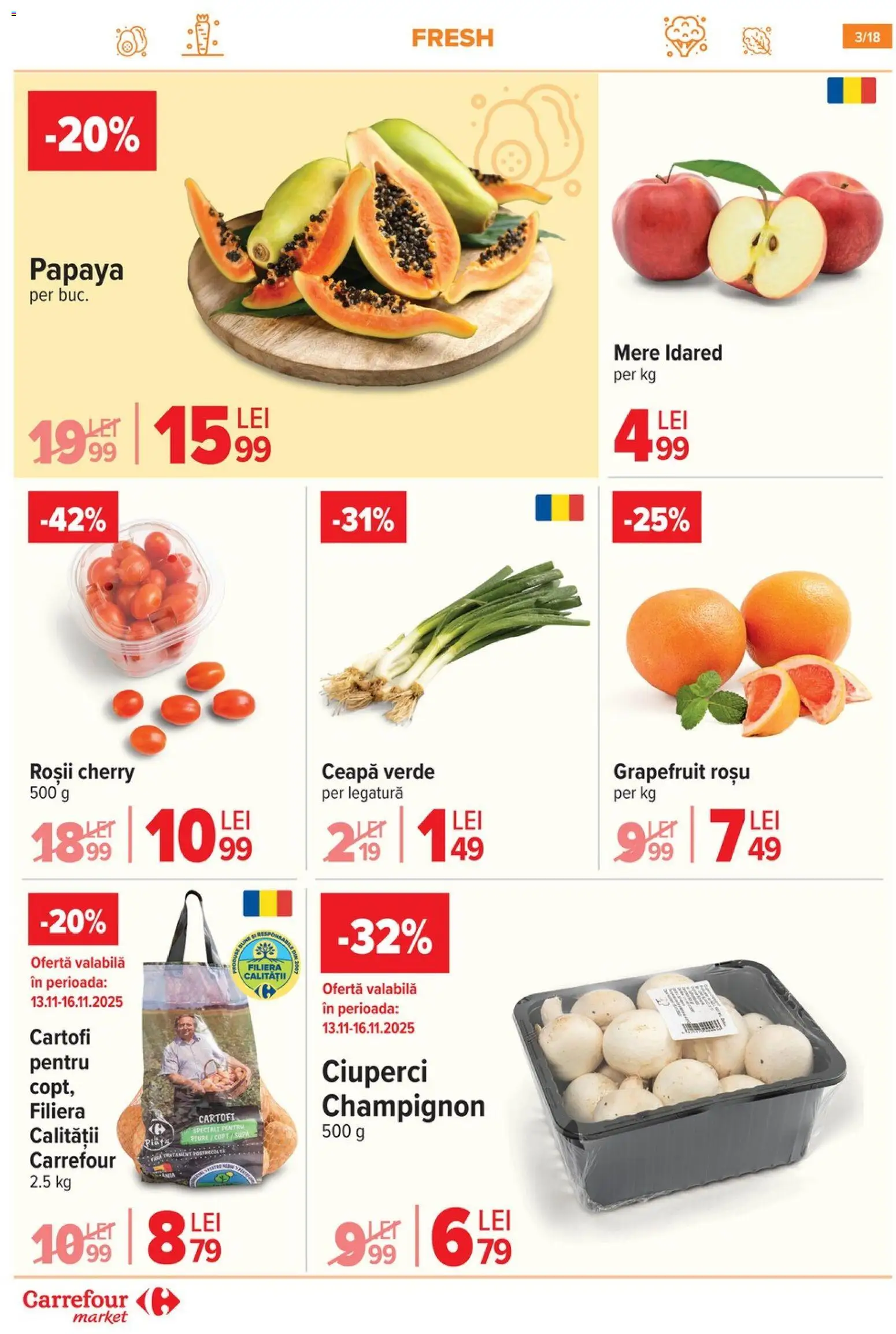 Noul catalog Carrefour – valabil de la 12.11.2025 | Pagină: 3 | Produse: Mere, Roșii, Ceapă, Boncuklu Oyuncakları