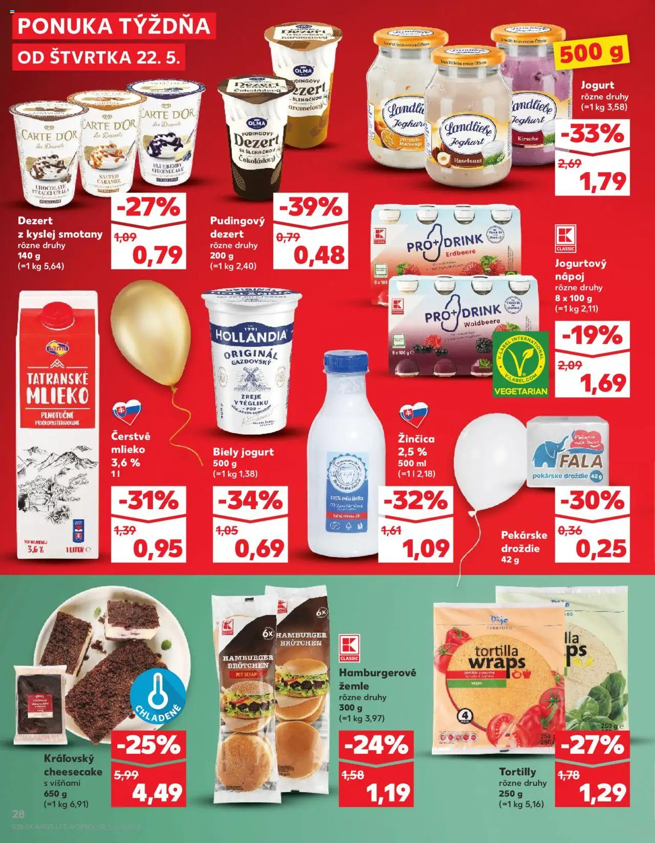 Nové Kaufland akcie – leták je platný od 22.05.2025 | Strana: 28 | Produkty: Jogurt, Tortilla, Hamburgerové žemle, Biely jogurt