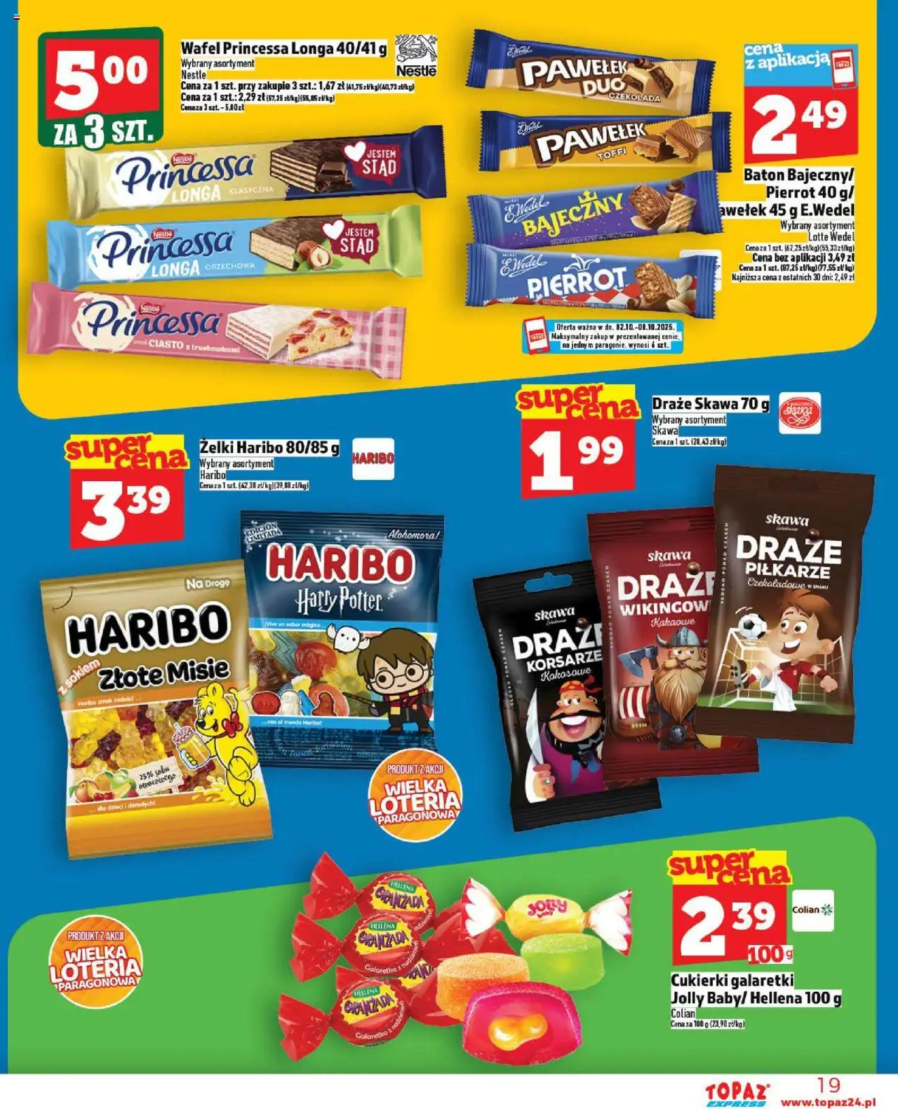 Topaz Gazetka - Express od 02.10.2025 | Strona: 19 | Produkty: Żelki haribo, Żelki, Czekolada, Cukierki galaretki