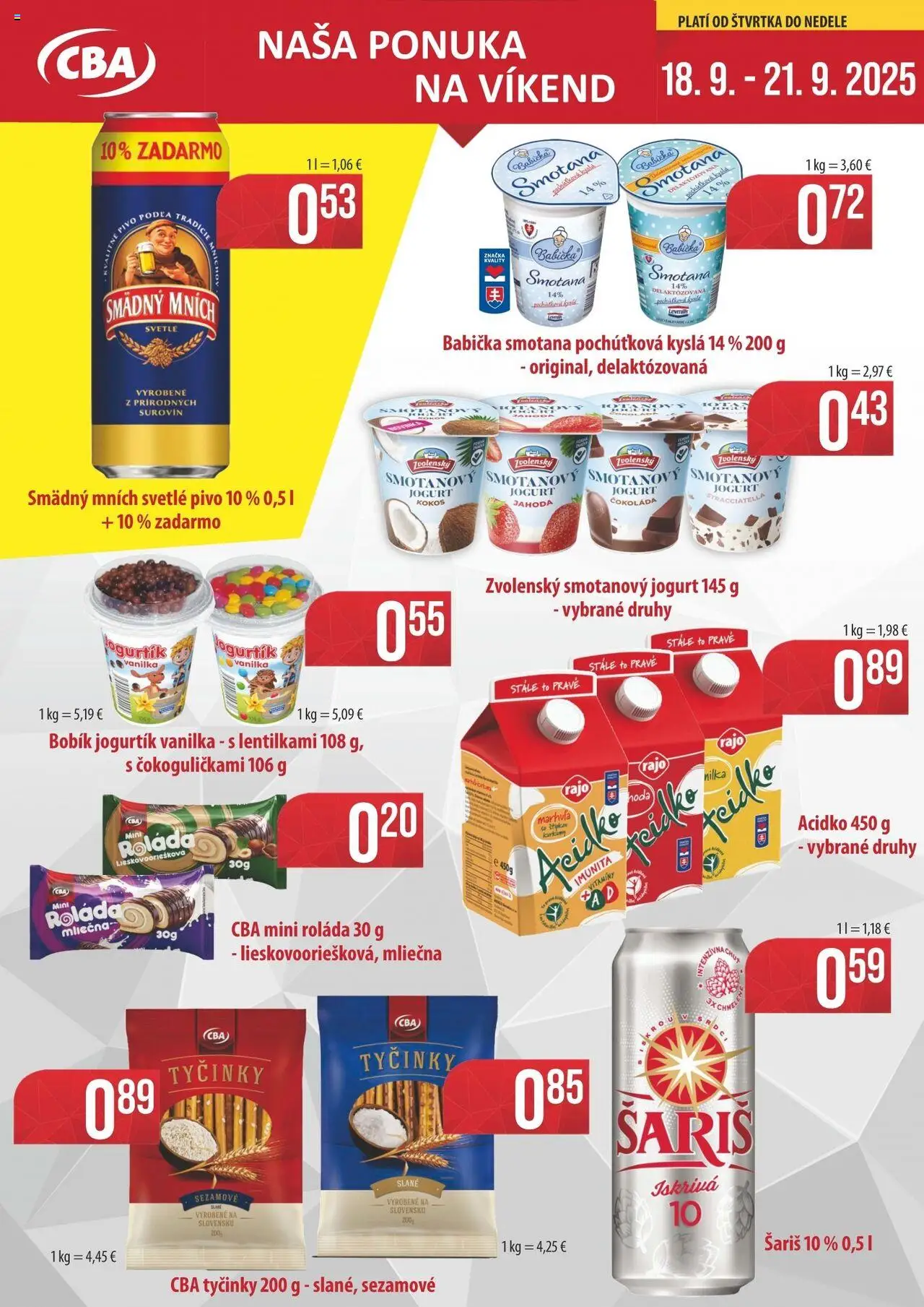 Nové Sintra akcie – leták je platný od 18.09.2025 | Strana: 1 | Produkty: Pivo, Jogurt, Smotana, Acidko