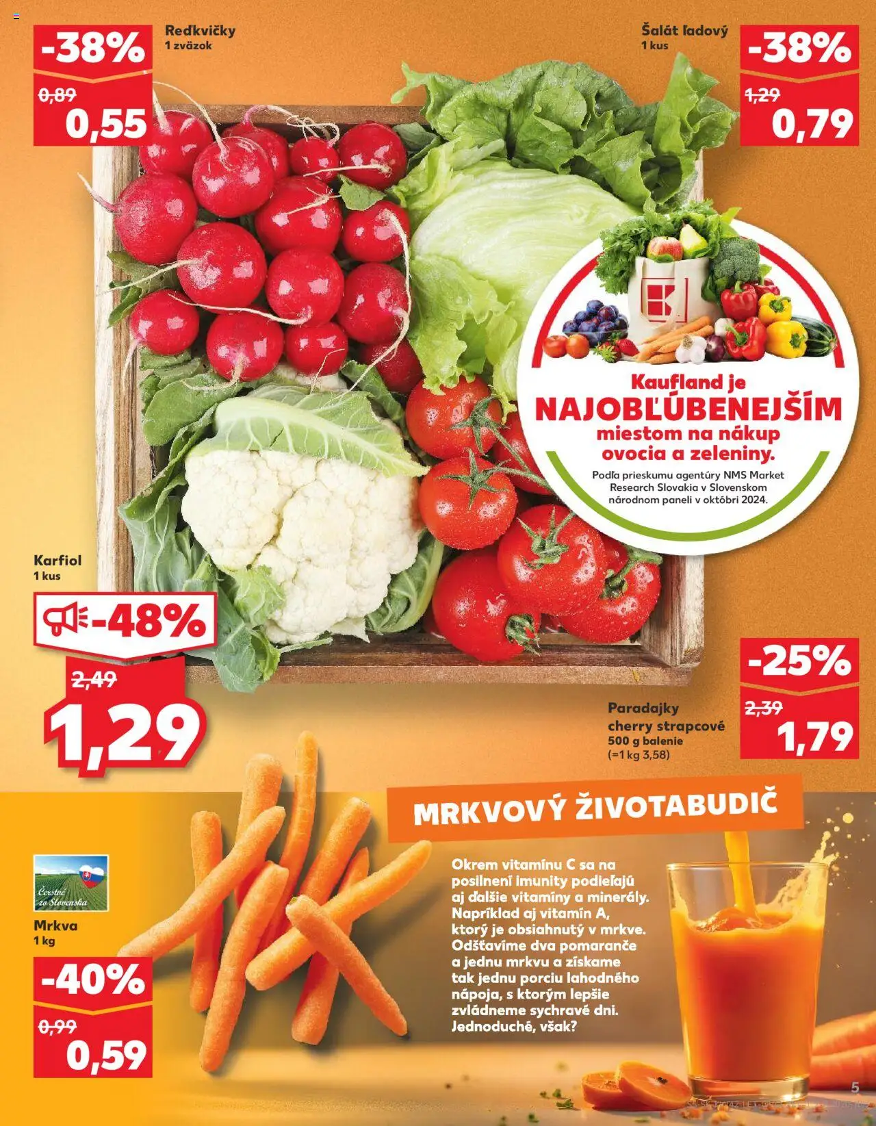 Nové Kaufland akcie – leták je platný od 16.10.2025 | Strana: 5 | Produkty: Pomaranče, Paradajky, Karfiol, Mrkva