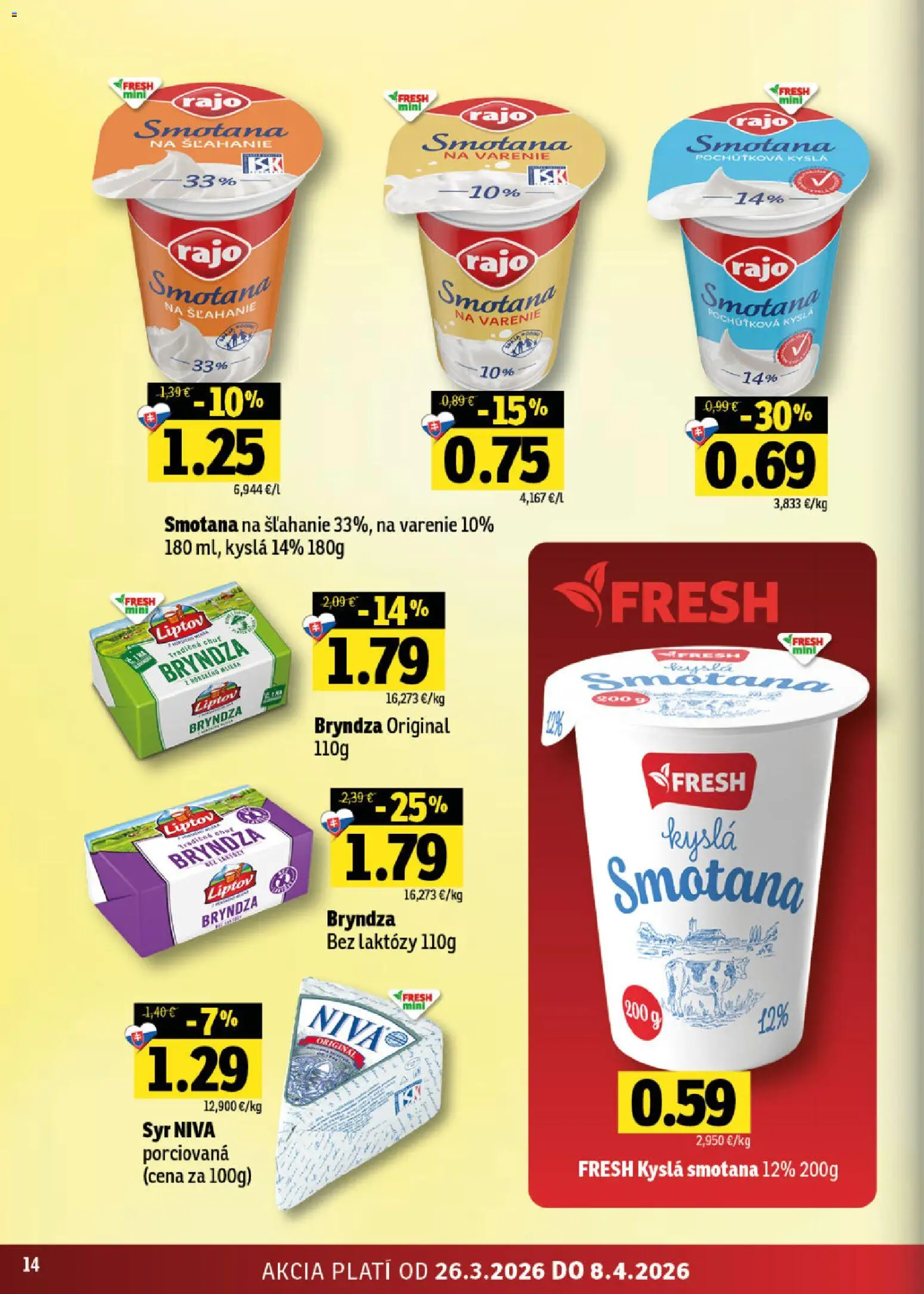 Nové Fresh akcie – leták je platný od 26.03.2026 | Strana: 14 | Produkty: Syr, Smotana, Bryndza