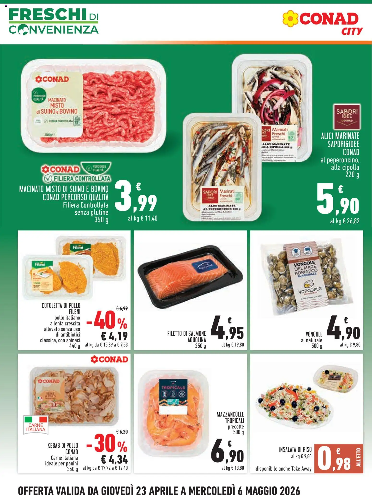 Volantino Conad del 23.04.2026 | Pagina: 4 | Prodotti: Pollo, Riso, Mazzancolle, Macinato