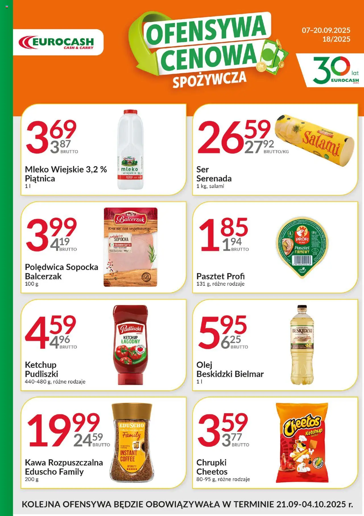 Eurocash Gazetka - Ofensywa Spożywcza od 07.09.2025 | Strona: 1 | Produkty: Kawa rozpuszczalna, Mleko, Ser, Salami