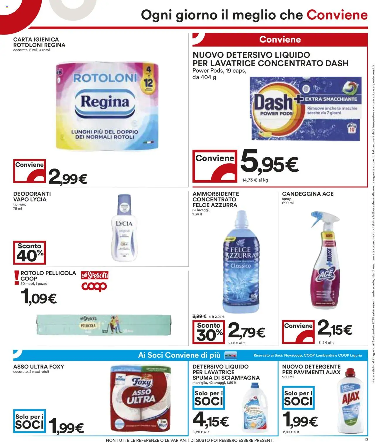 Volantino COOP del 21.08.2025 | Pagina: 13 | Prodotti: Detergente, Candeggina, Lavatrice, Pellicola