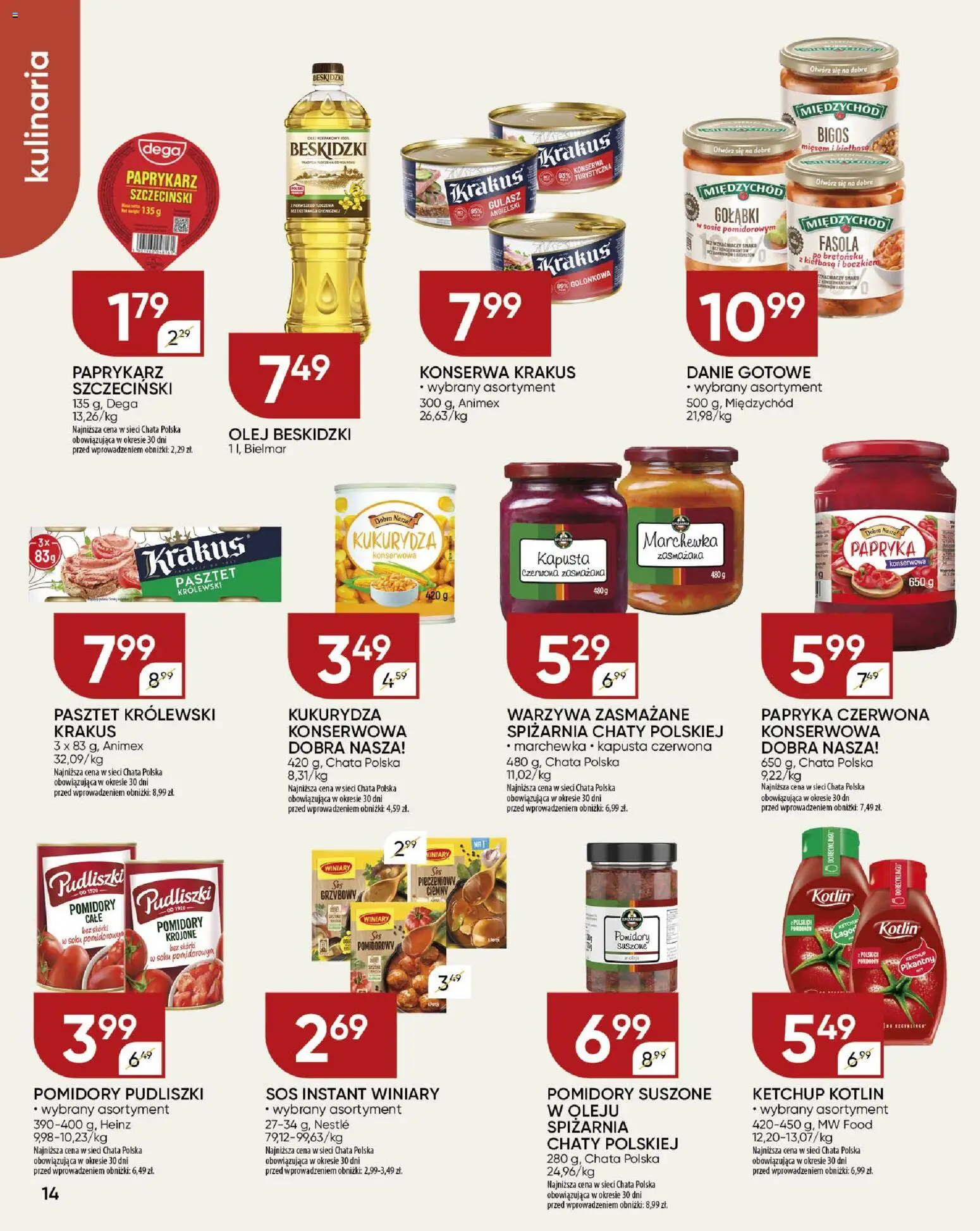 Chata Polska Gazetka od 29.01.2026 | Strona: 14 | Produkty: Kiełbasa, Kapusta, Papryka konserwowa, Gulasz