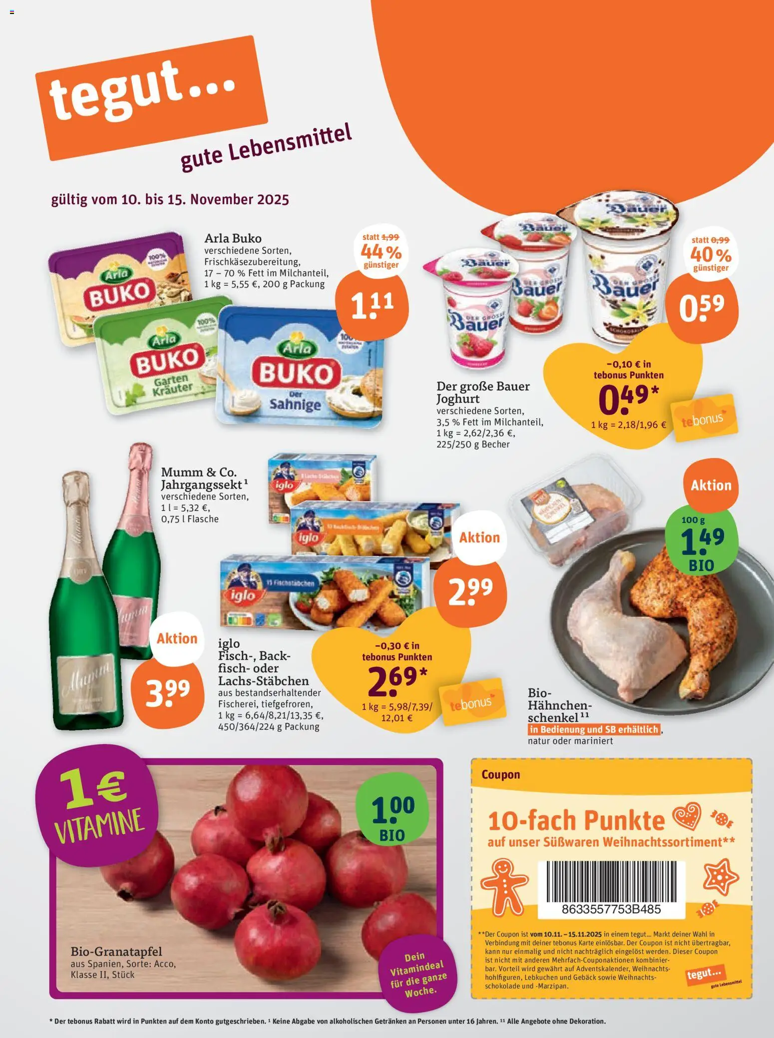 Tegut Prospekt – gültig ab 10.11.2025 | Seite: 3 | Produkte: Hahnchen, Schokolade, Iglo, Arla buko